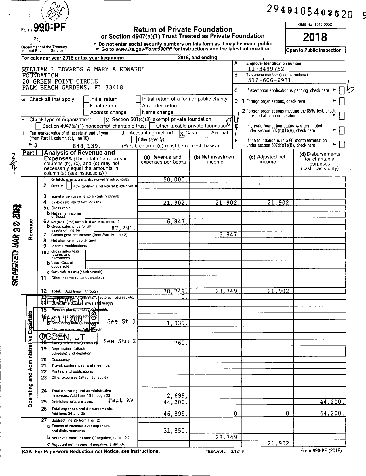 Image of first page of 2018 Form 990PF for William L Edwards and Mary A Edwards Foundation