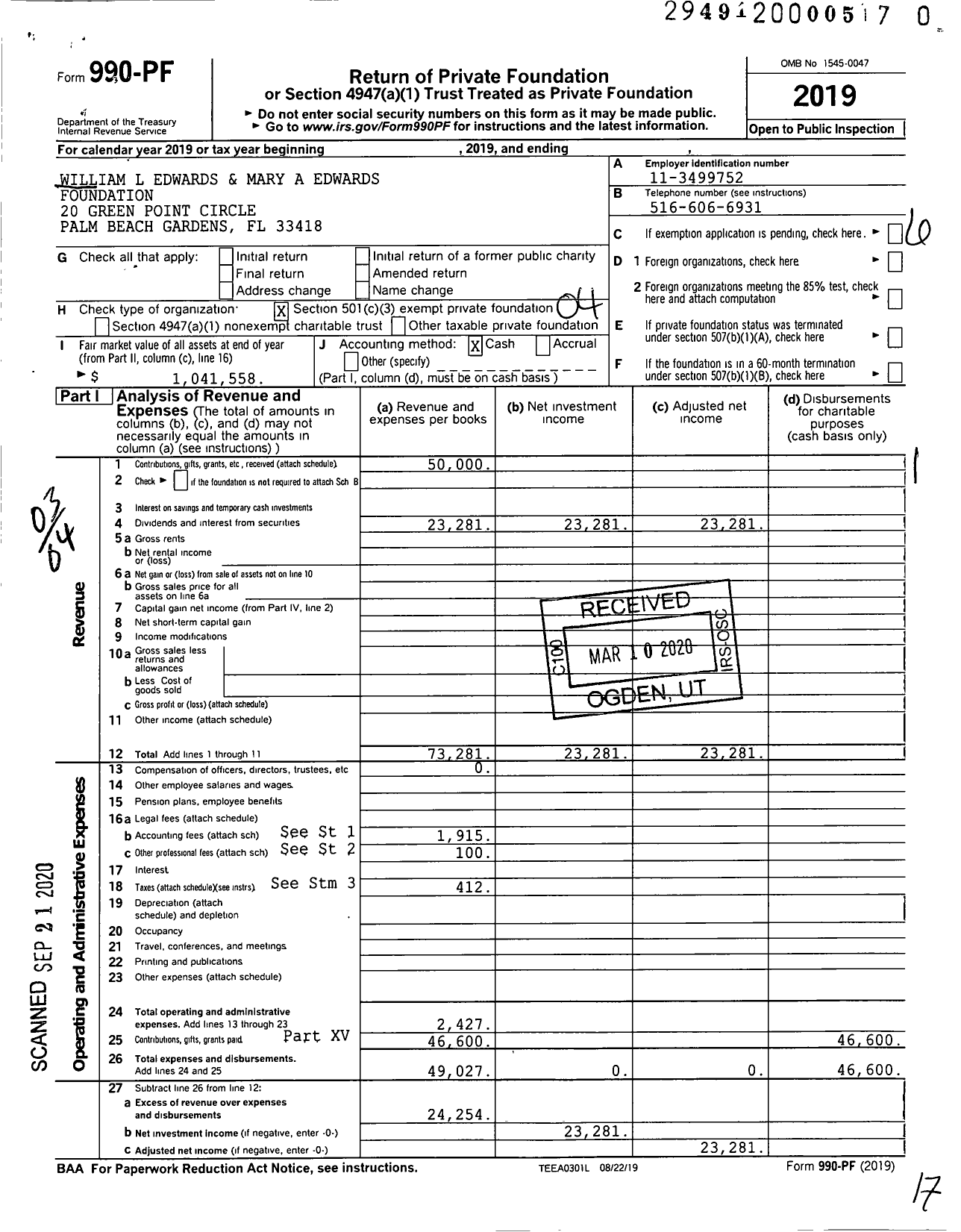 Image of first page of 2019 Form 990PR for William L Edwards and Mary A Edwards Foundation