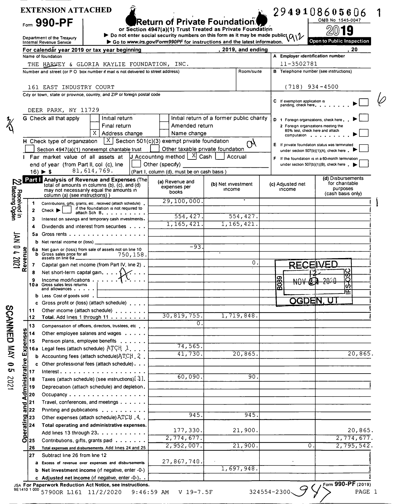 Image of first page of 2019 Form 990PF for Harvey & Gloria Kaylie Foundation