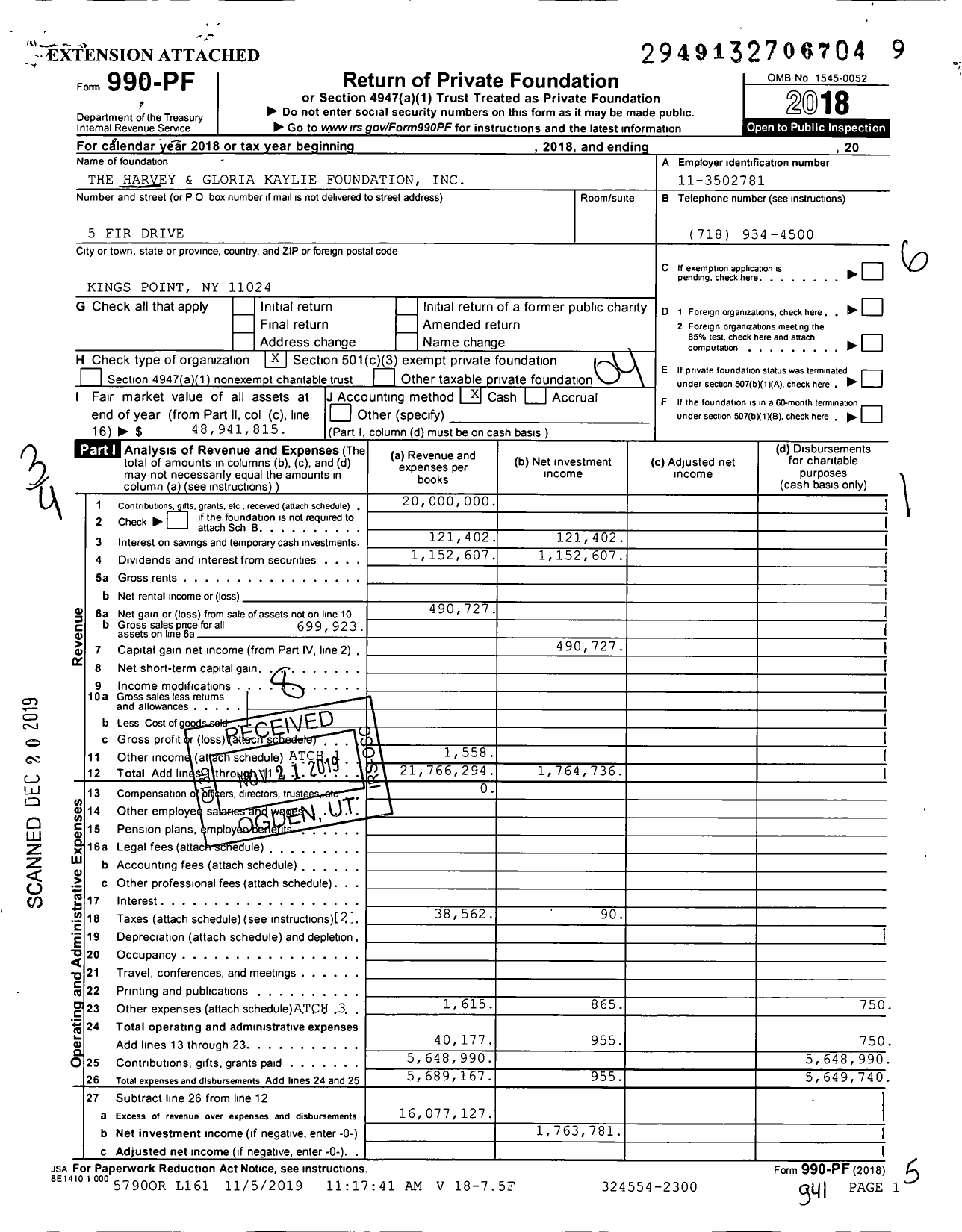Image of first page of 2018 Form 990PF for Harvey & Gloria Kaylie Foundation