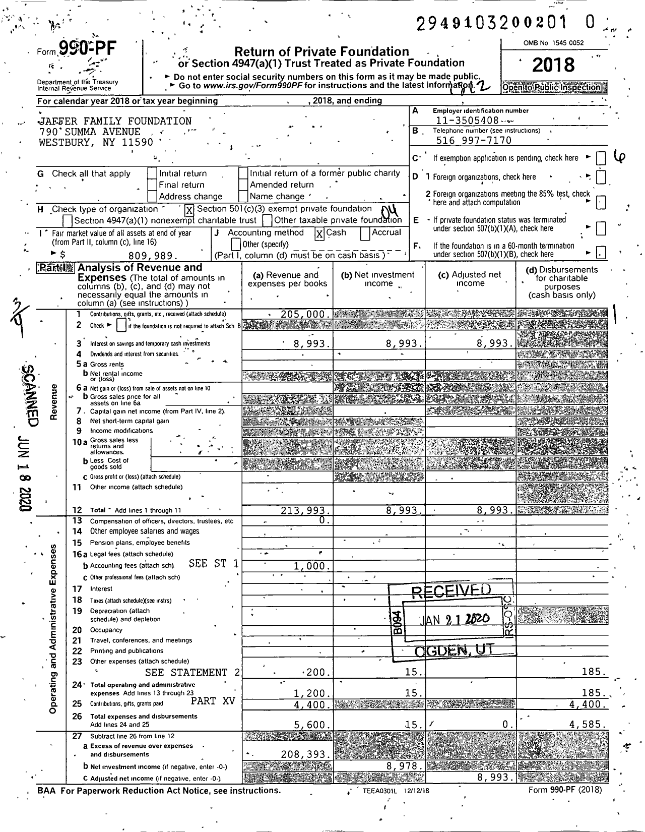 Image of first page of 2018 Form 990PR for Jaffer Family Foundation