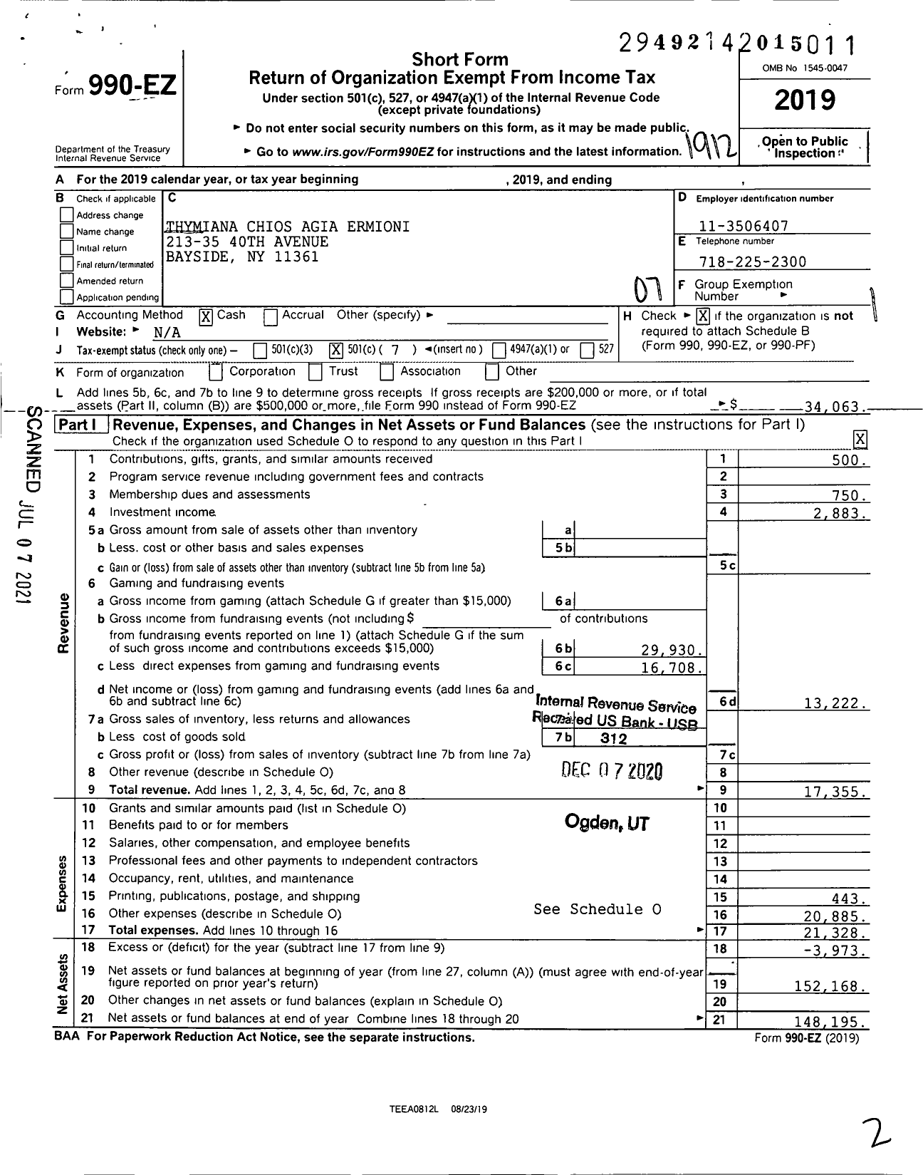 Image of first page of 2019 Form 990EO for Thymiana Chios Agia Ermioni