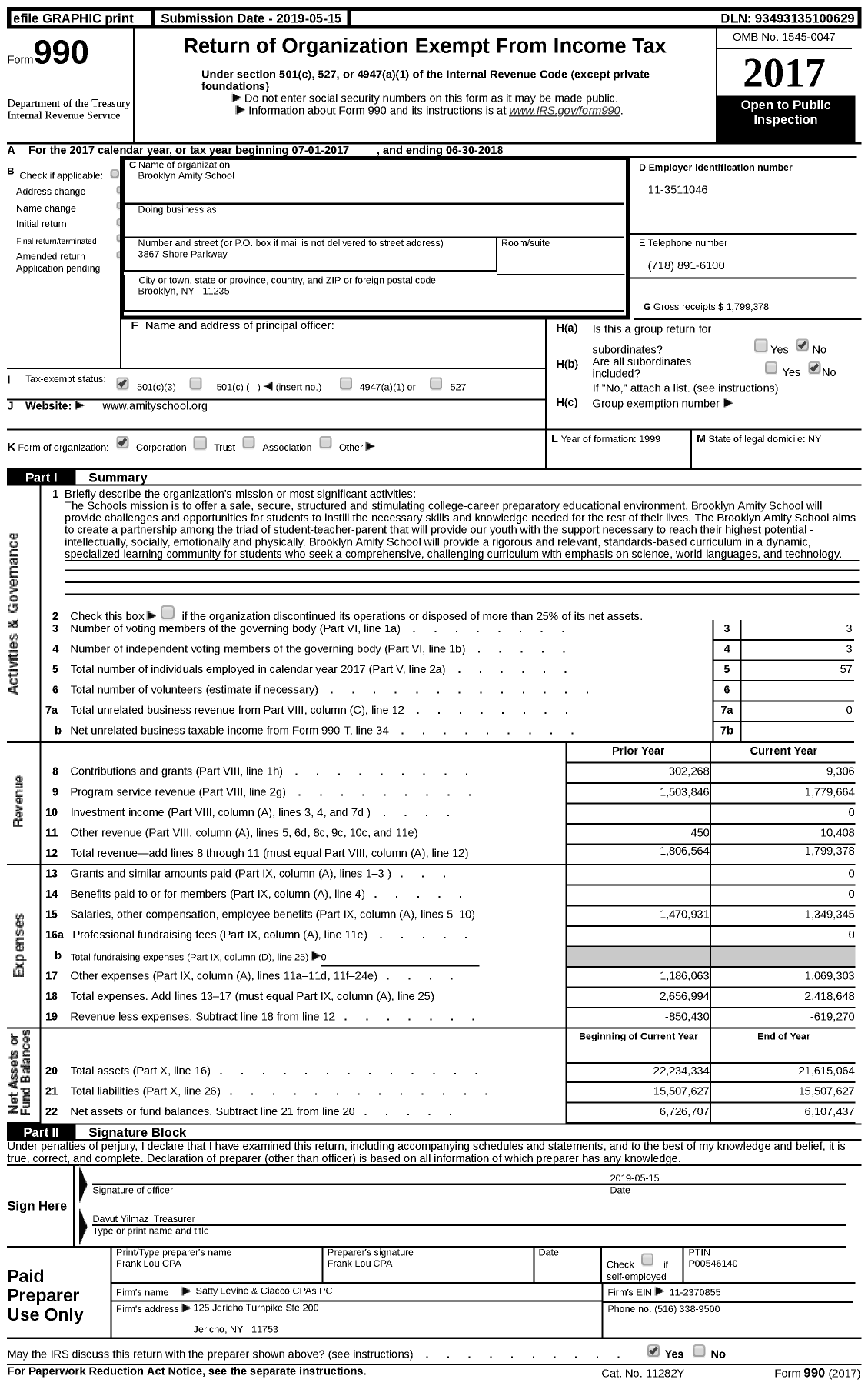 Image of first page of 2017 Form 990 for Brooklyn Amity School