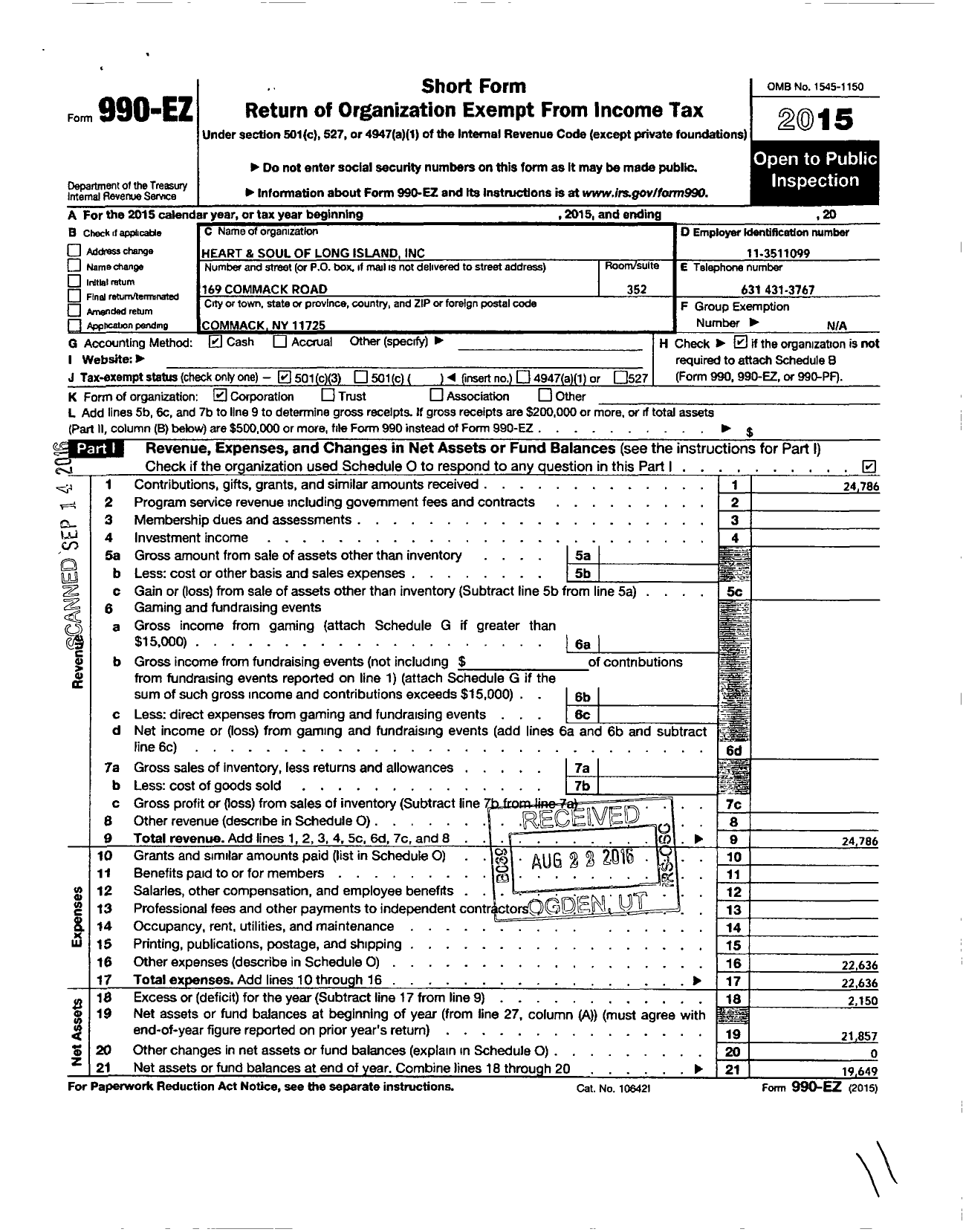 Image of first page of 2015 Form 990EZ for Heart and Soul of Long Island