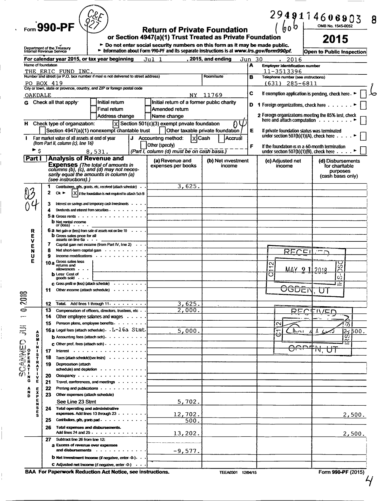 Image of first page of 2015 Form 990PF for The Eric Fund