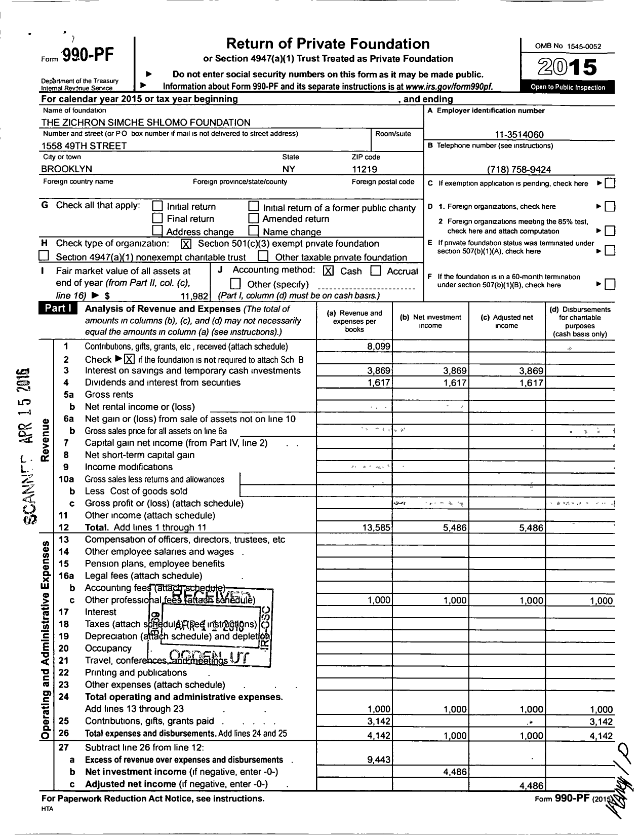 Image of first page of 2015 Form 990PF for Zichron Simche Shlomo Foundation