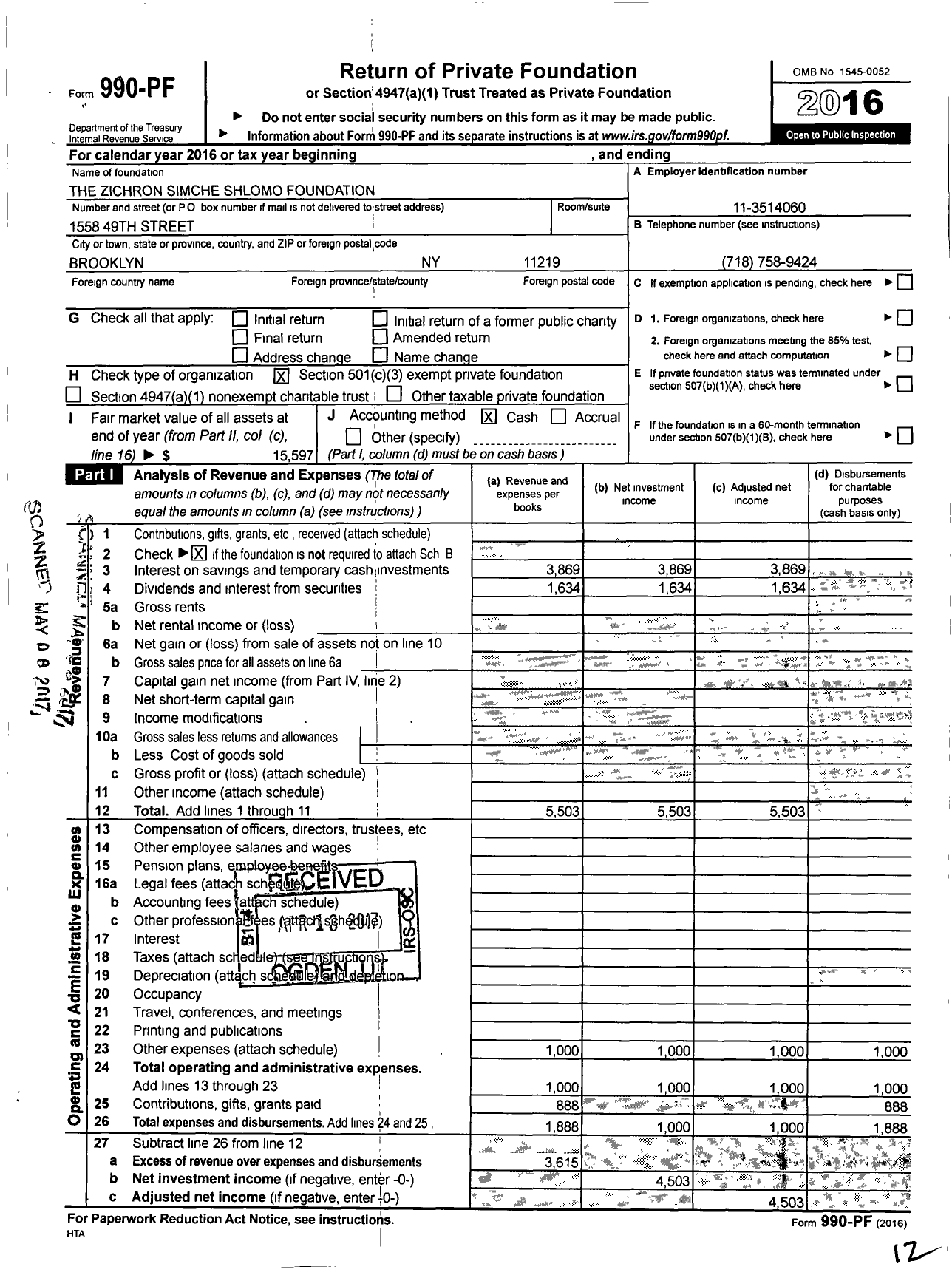 Image of first page of 2016 Form 990PF for Zichron Simche Shlomo Foundation