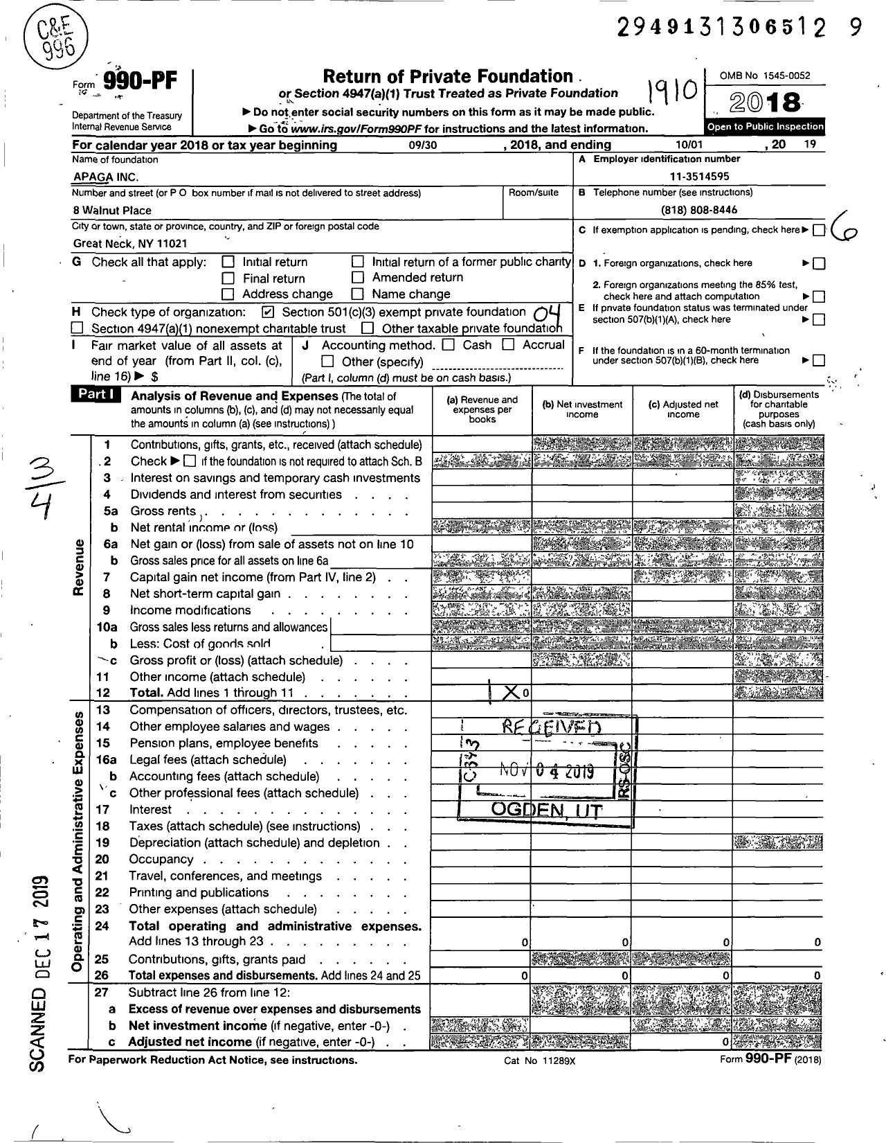 Image of first page of 2018 Form 990PF for Apaga