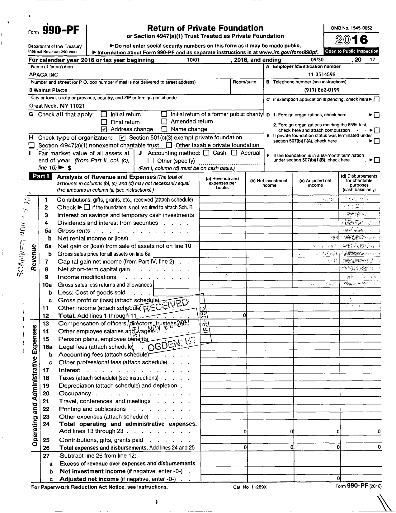 Image of first page of 2016 Form 990PF for Apaga