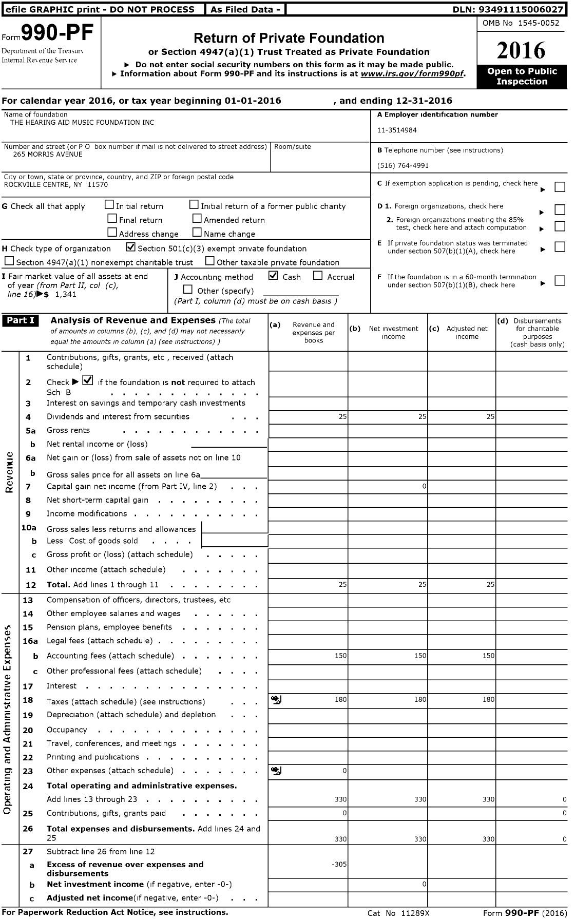 Image of first page of 2016 Form 990PF for The Hearing Aid Music Foundation