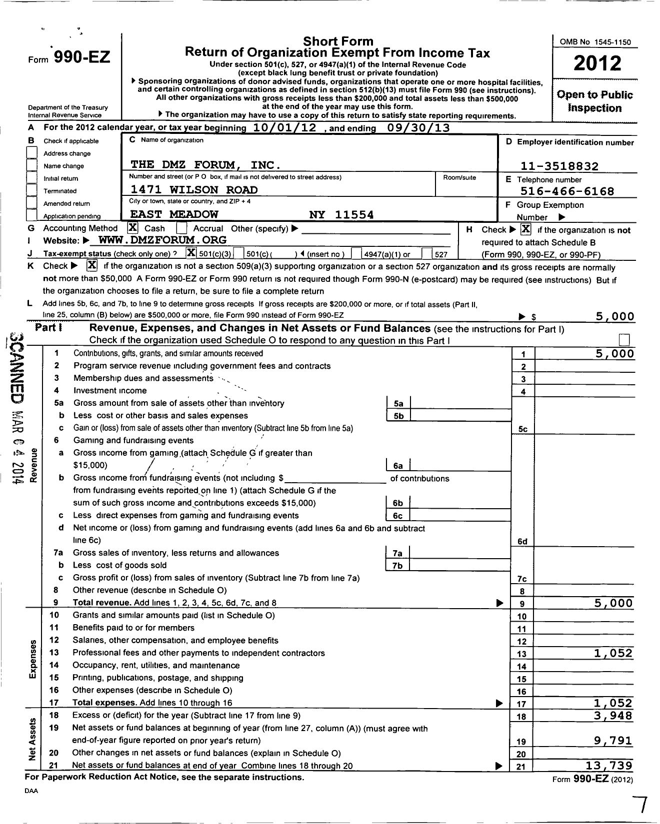 Image of first page of 2012 Form 990EZ for DMZ Forum