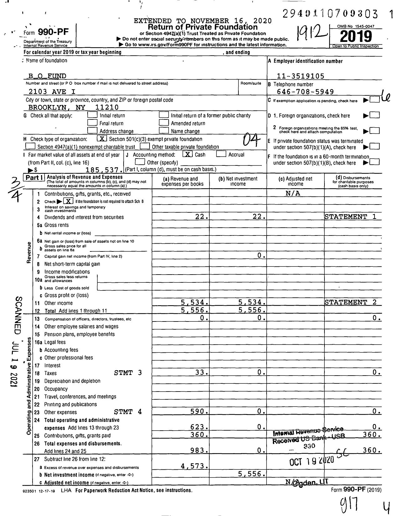 Image of first page of 2019 Form 990PF for B O Fund