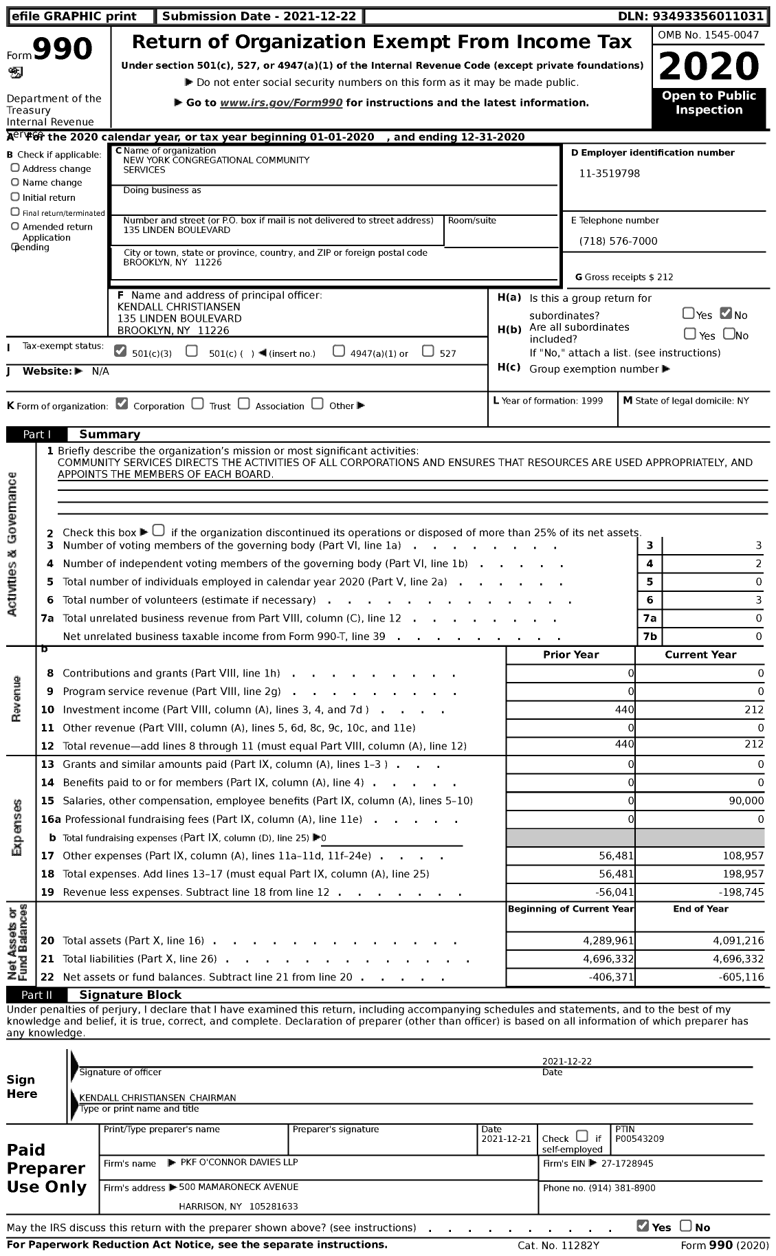Image of first page of 2020 Form 990 for New York Congregational Community Services