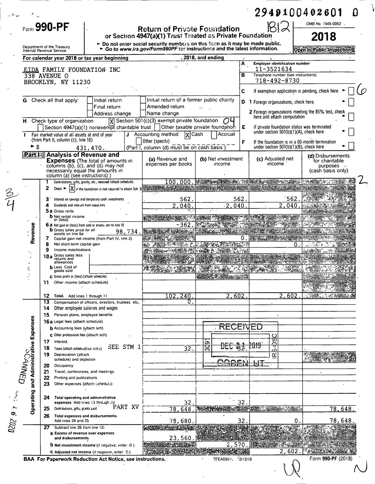 Image of first page of 2018 Form 990PR for Eida Family Foundation