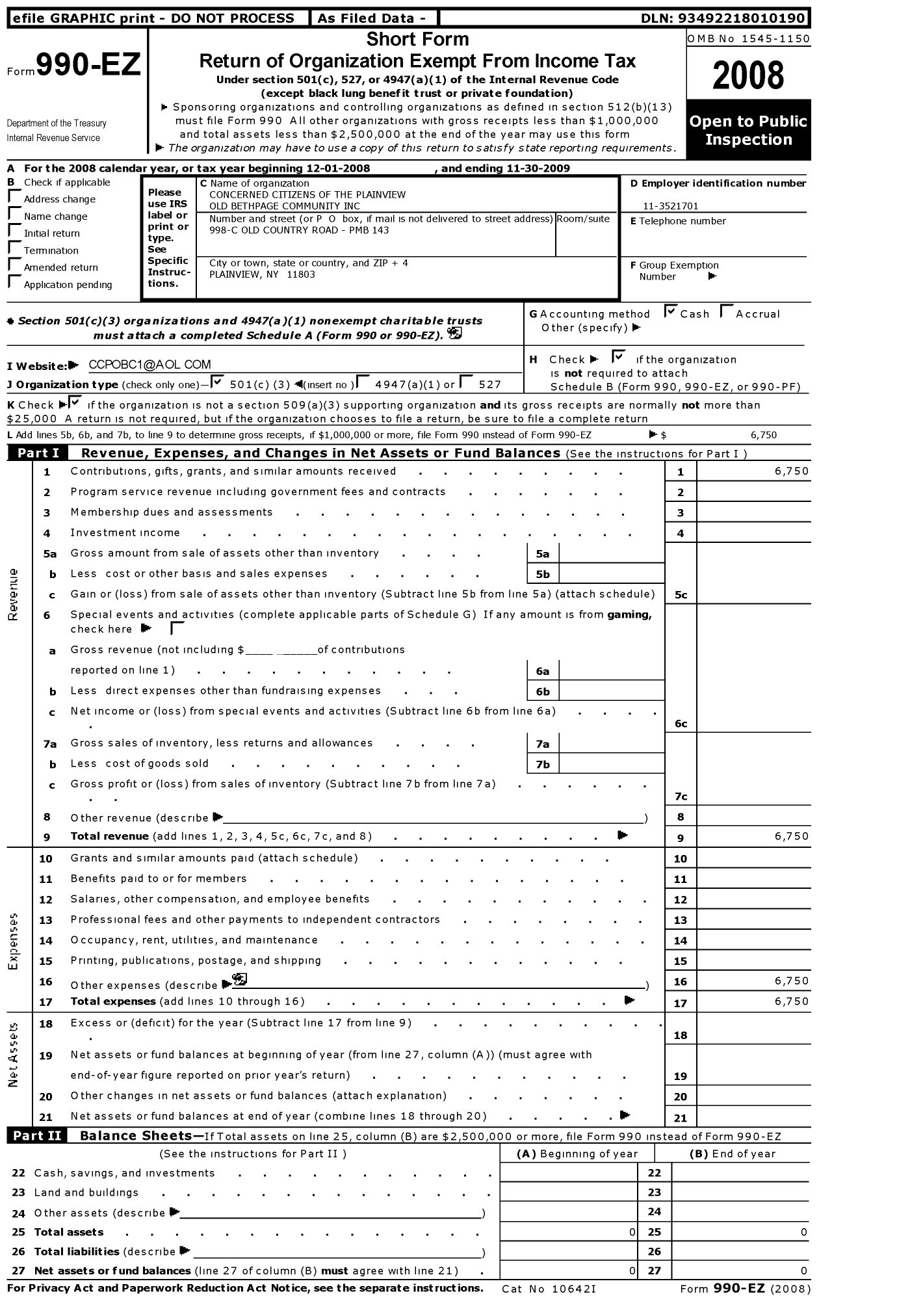 Image of first page of 2008 Form 990EZ for Concerned Citizens of the Plainview -old Bethpage Community