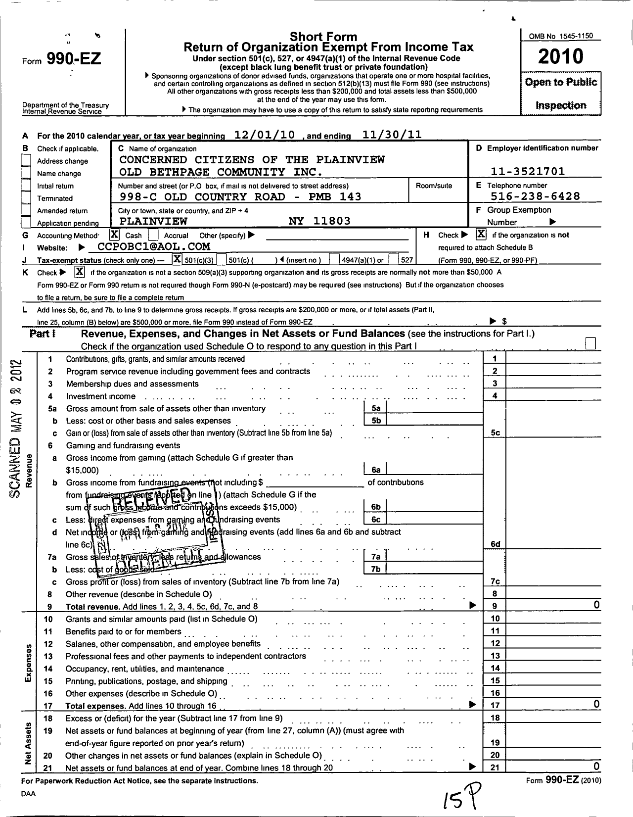 Image of first page of 2010 Form 990EZ for Concerned Citizens of the Plainview -old Bethpage Community