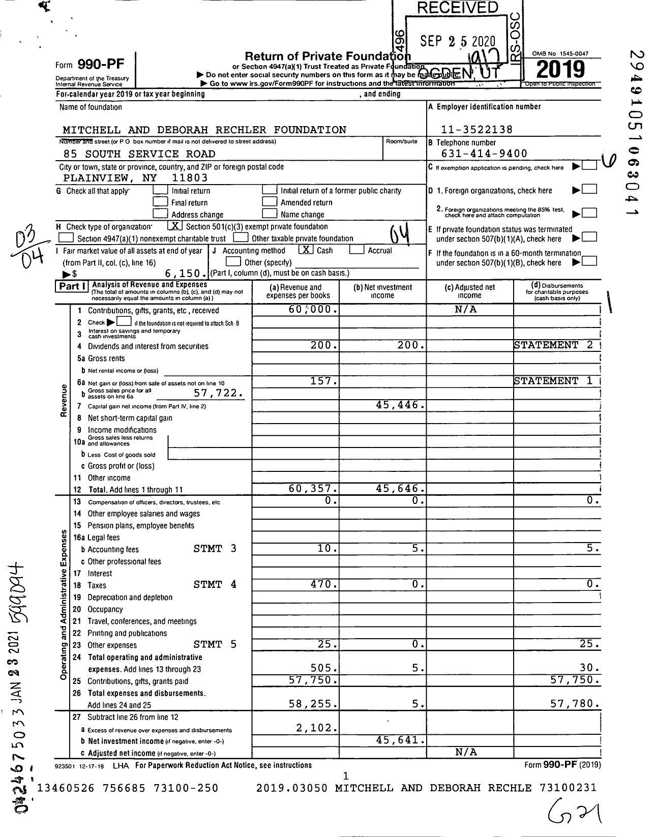Image of first page of 2019 Form 990PF for Mitchell and Deborah Rechler Foundation
