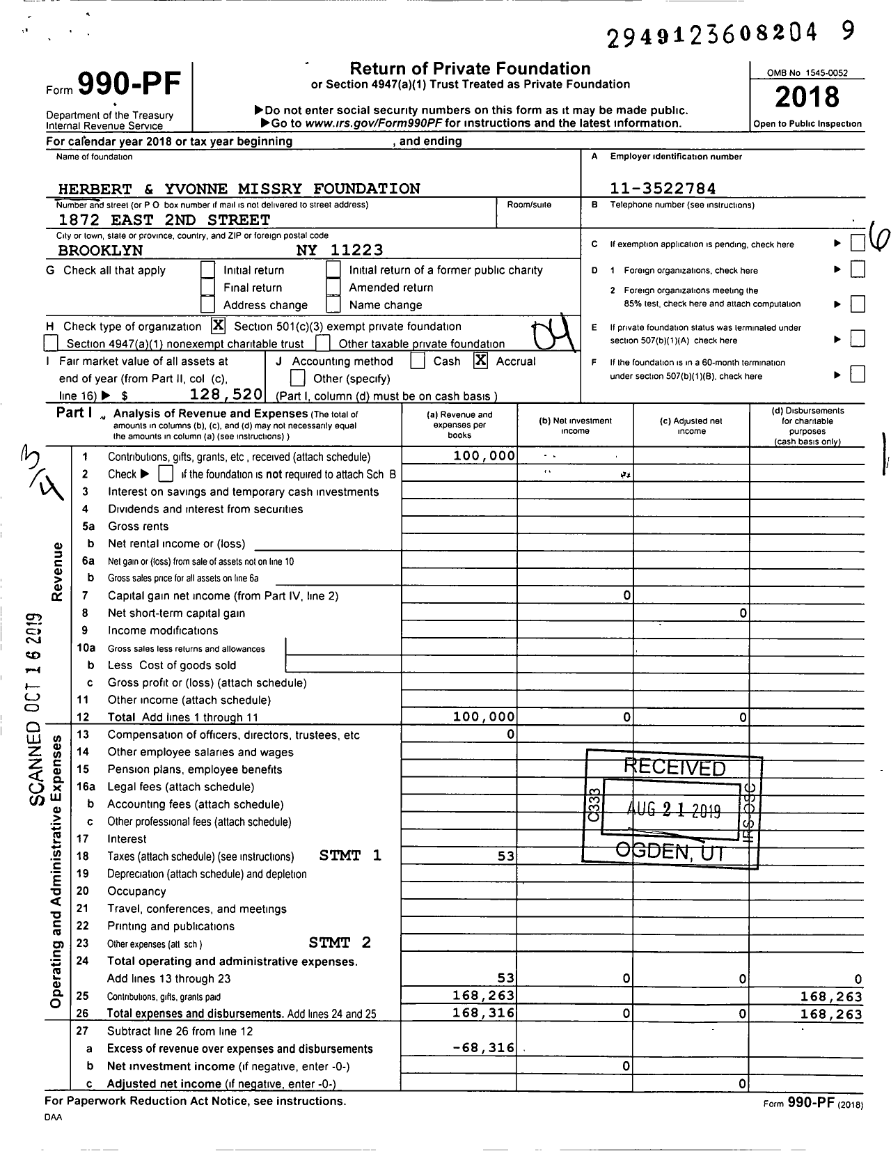 Image of first page of 2018 Form 990PF for Herbert and Yvonne Missry Foundation