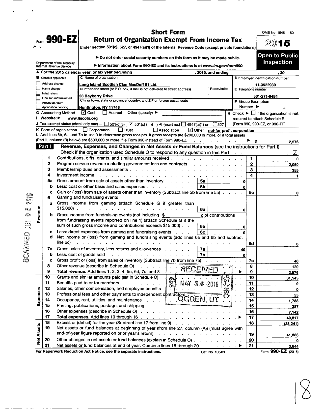 Image of first page of 2015 Form 990EO for Long Island Scottish Clan Macduff 81