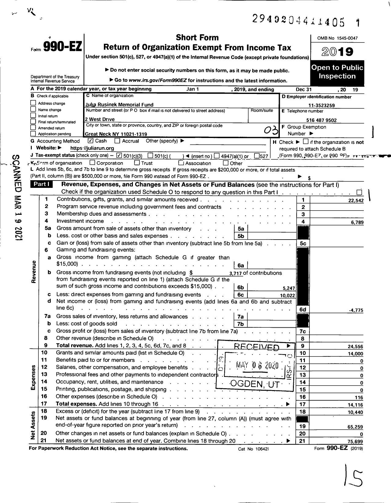 Image of first page of 2019 Form 990EZ for Julia Rusinek Memorial Fund