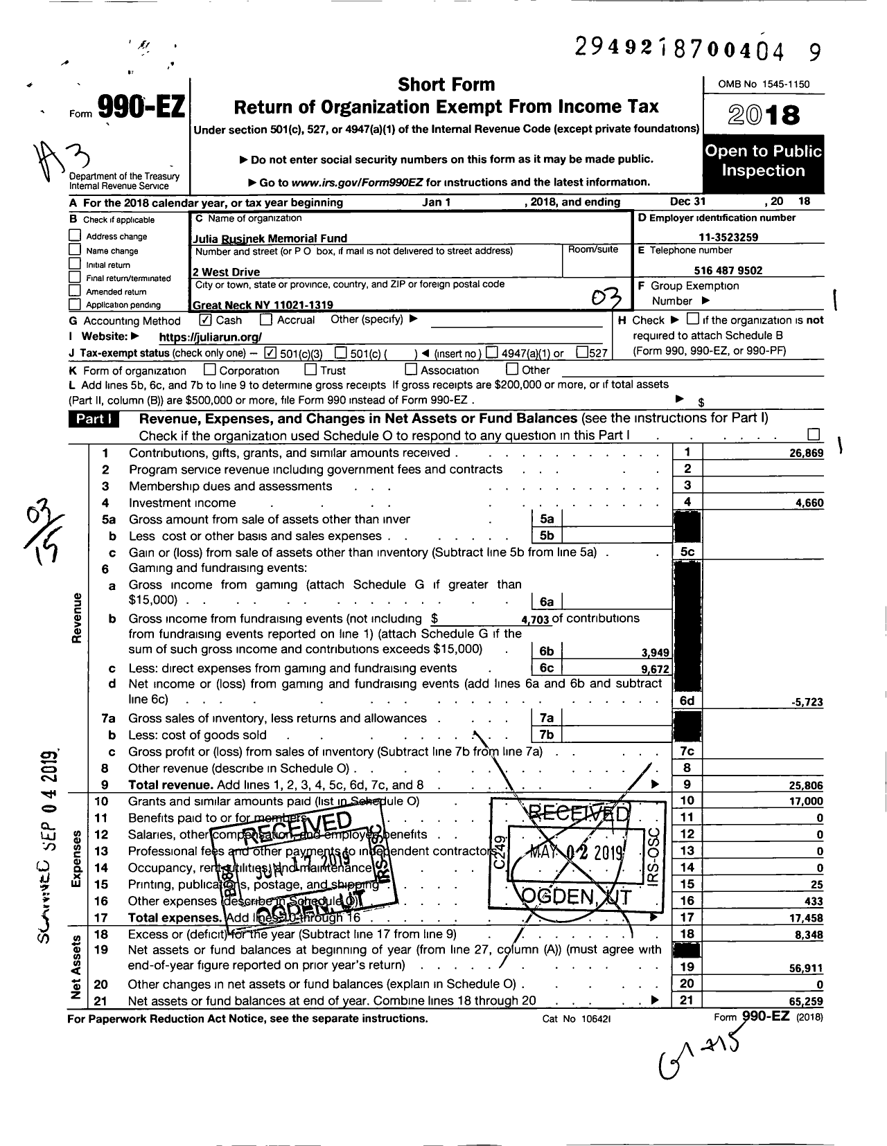 Image of first page of 2018 Form 990EZ for Julia Rusinek Memorial Fund