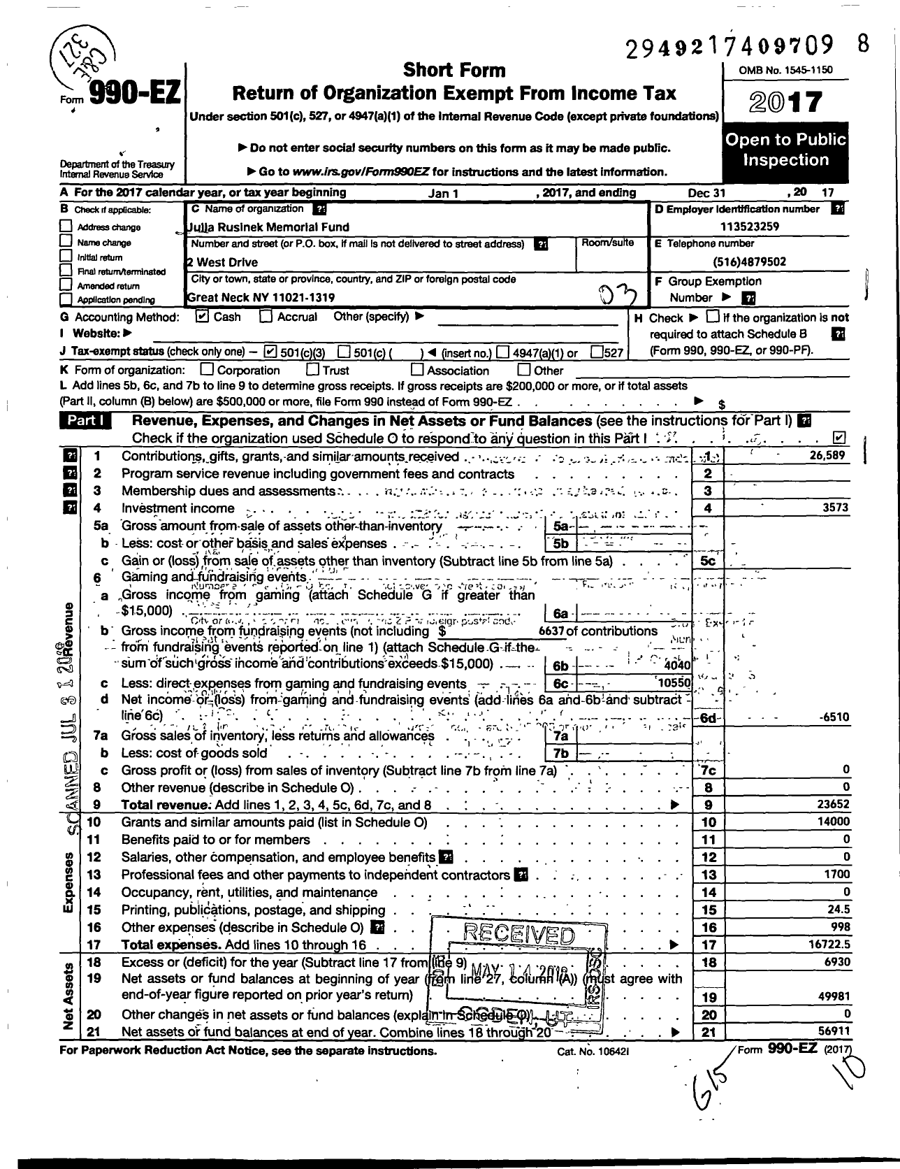 Image of first page of 2017 Form 990EZ for Julia Rusinek Memorial Fund