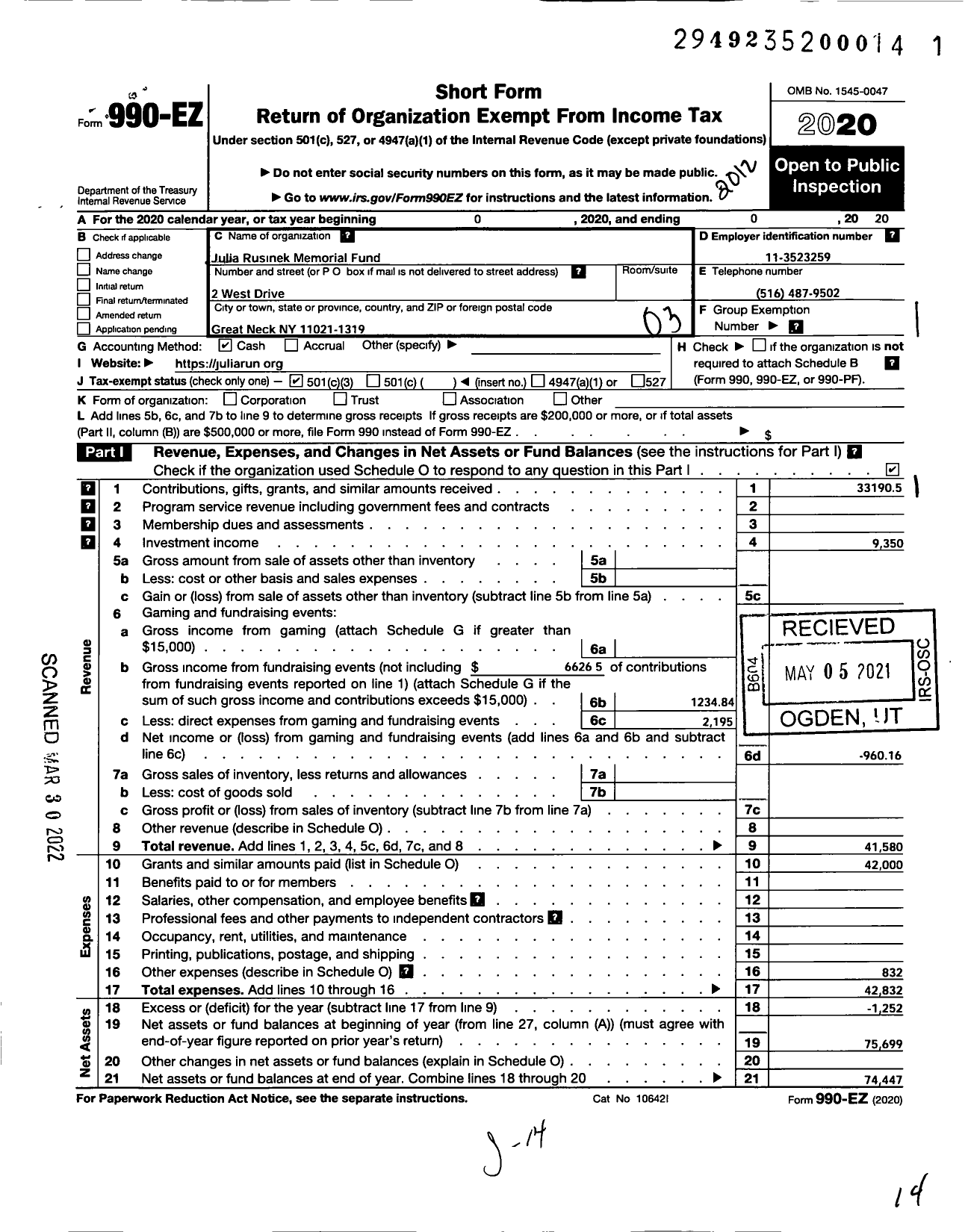 Image of first page of 2020 Form 990EZ for Julia Rusinek Memorial Fund