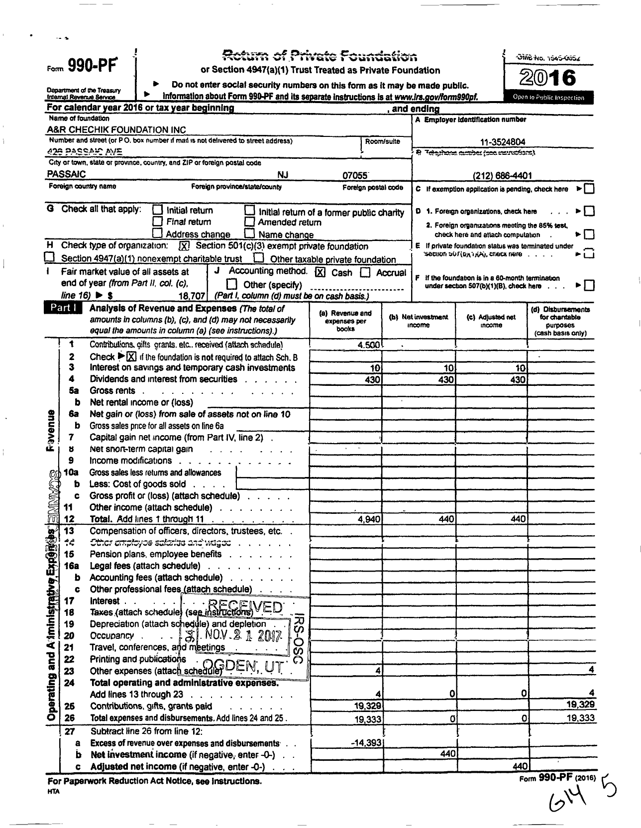 Image of first page of 2016 Form 990PF for A&r Chechik Foundation