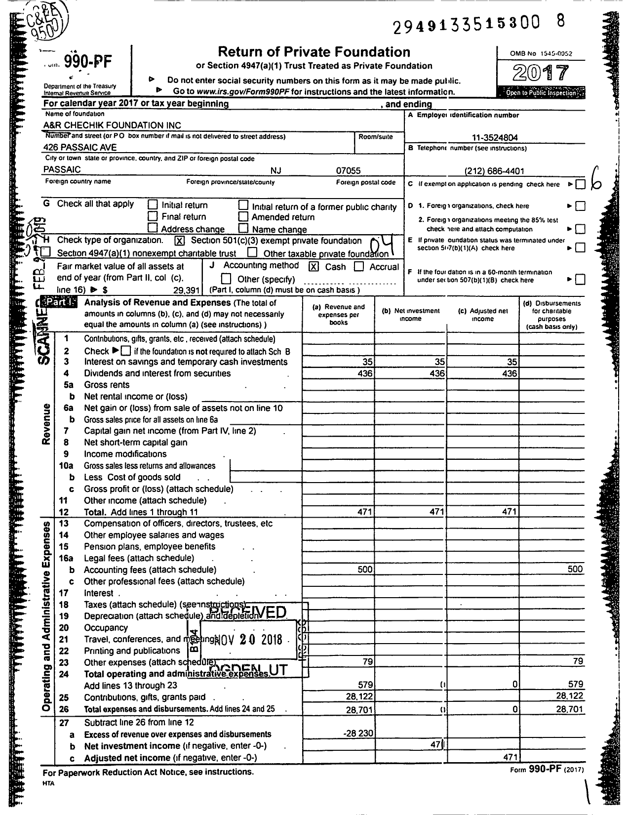 Image of first page of 2017 Form 990PF for A&r Chechik Foundation