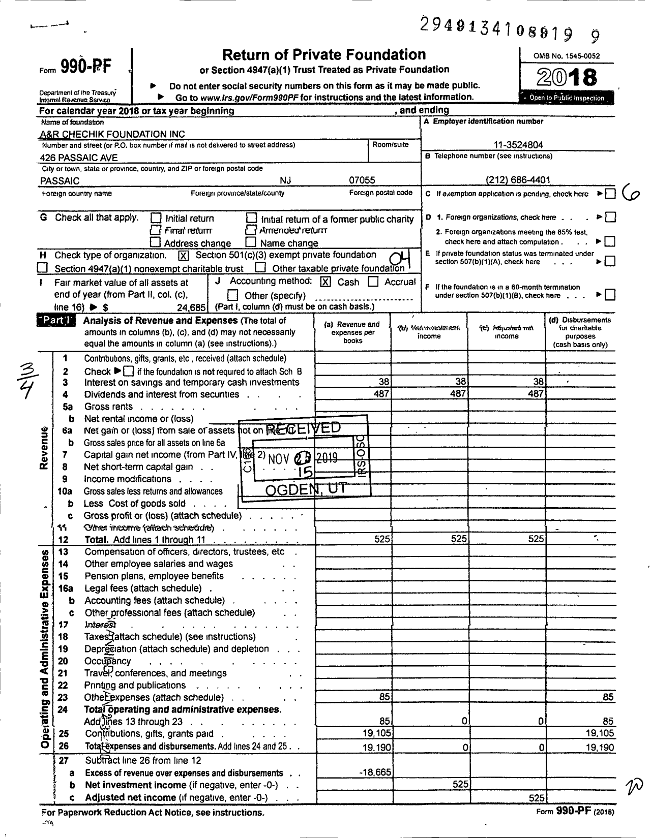 Image of first page of 2018 Form 990PF for A&r Chechik Foundation