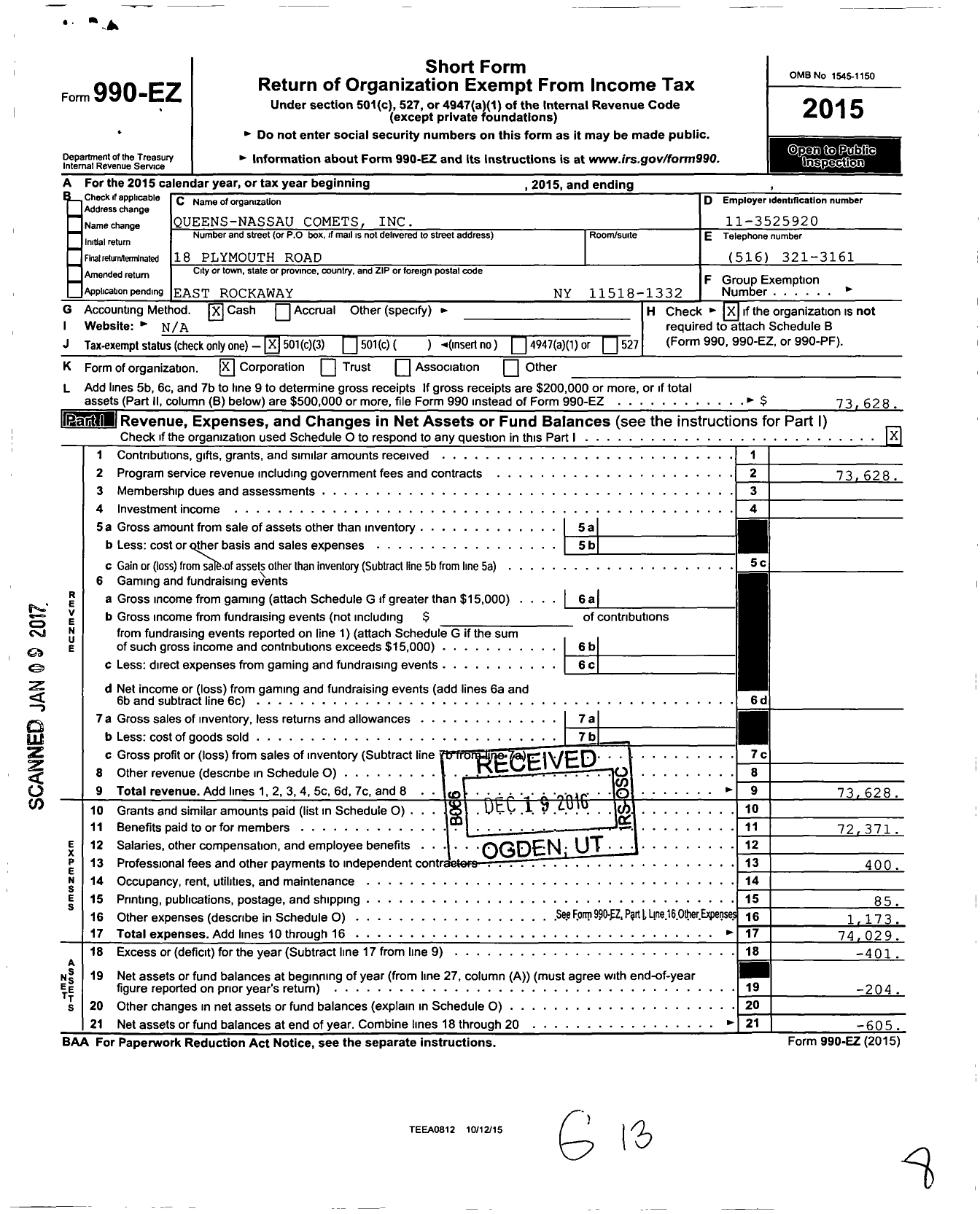 Image of first page of 2015 Form 990EZ for Queens-Nassau Comets