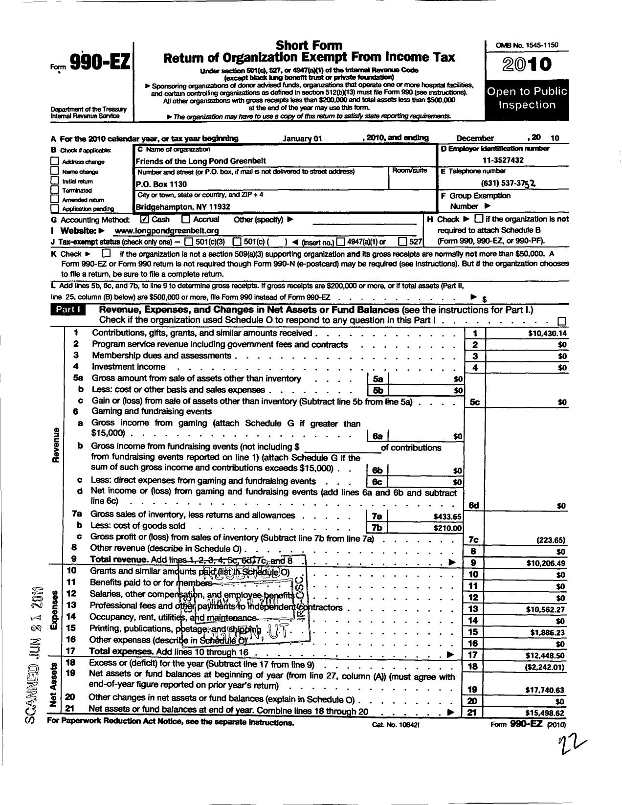 Image of first page of 2010 Form 990EZ for Friends of the Long Pond Greenbelt