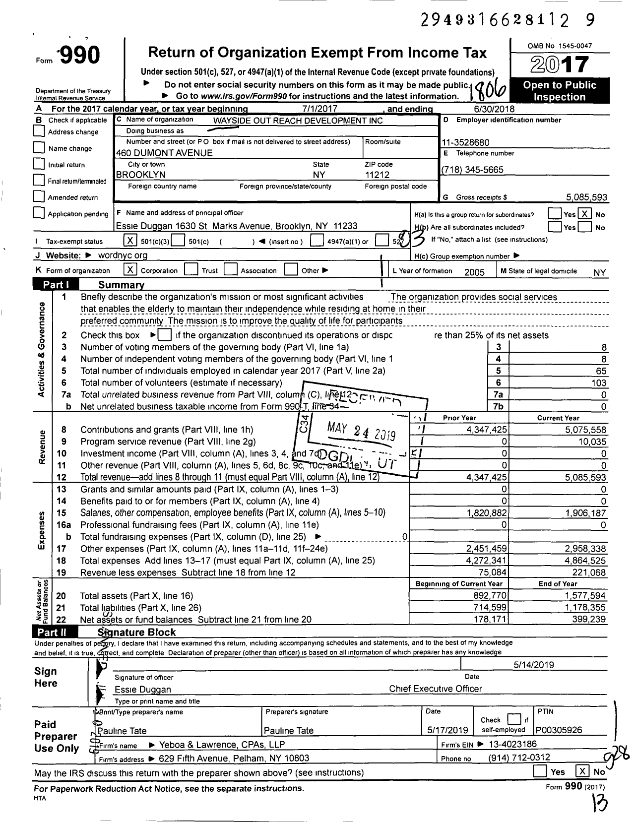 Image of first page of 2017 Form 990 for Wayside Outreach Development
