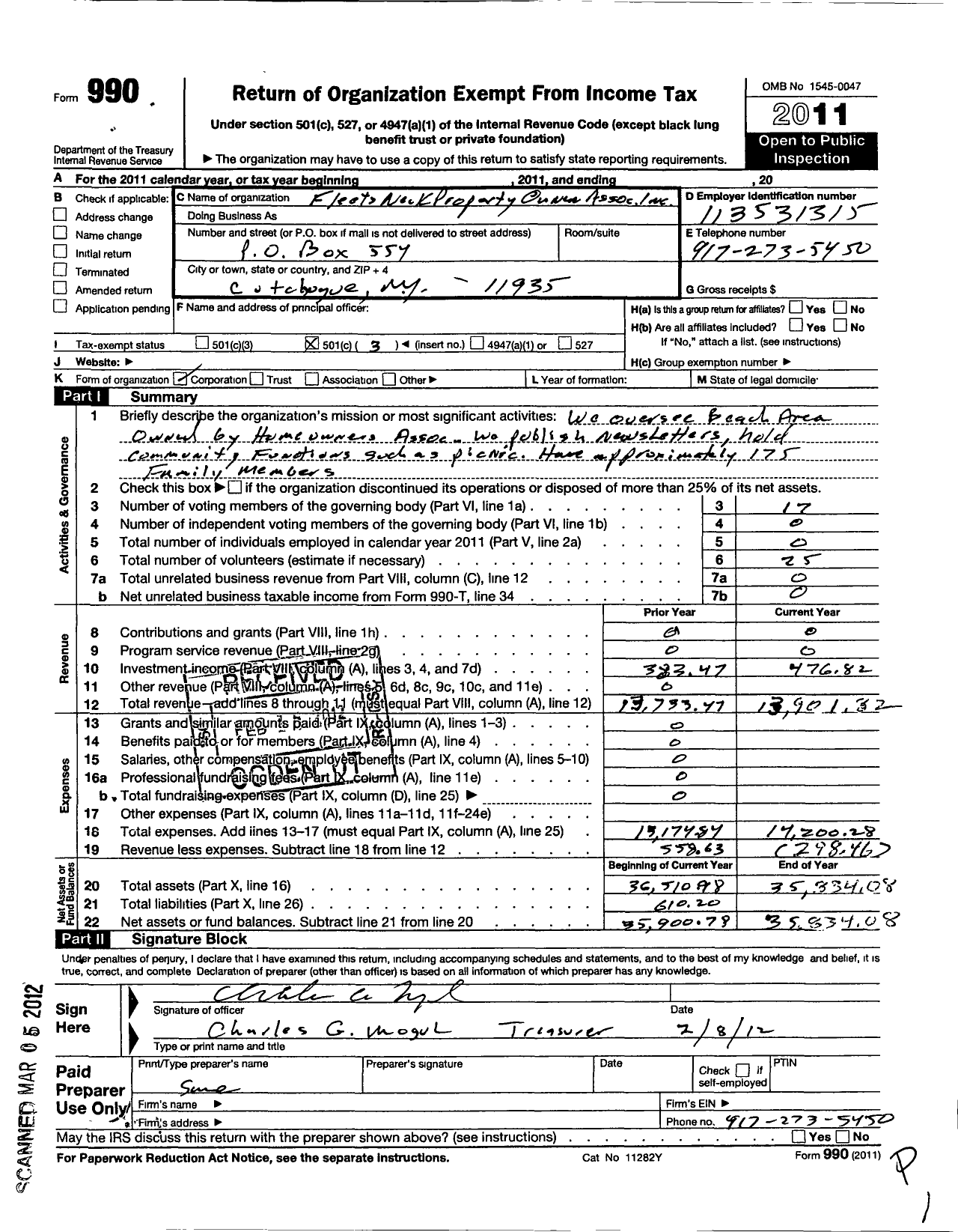 Image of first page of 2011 Form 990 for Fleets Neck Property Owners Association