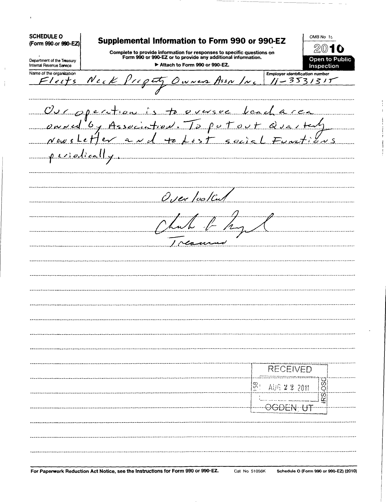 Image of first page of 2010 Form 990OR for Fleets Neck Property Owners Association