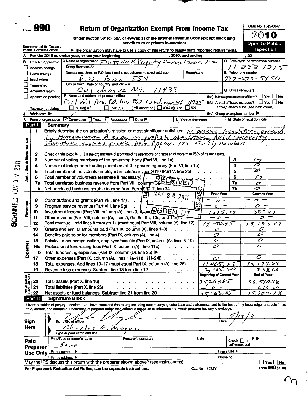 Image of first page of 2010 Form 990O for Fleets Neck Property Owners Association