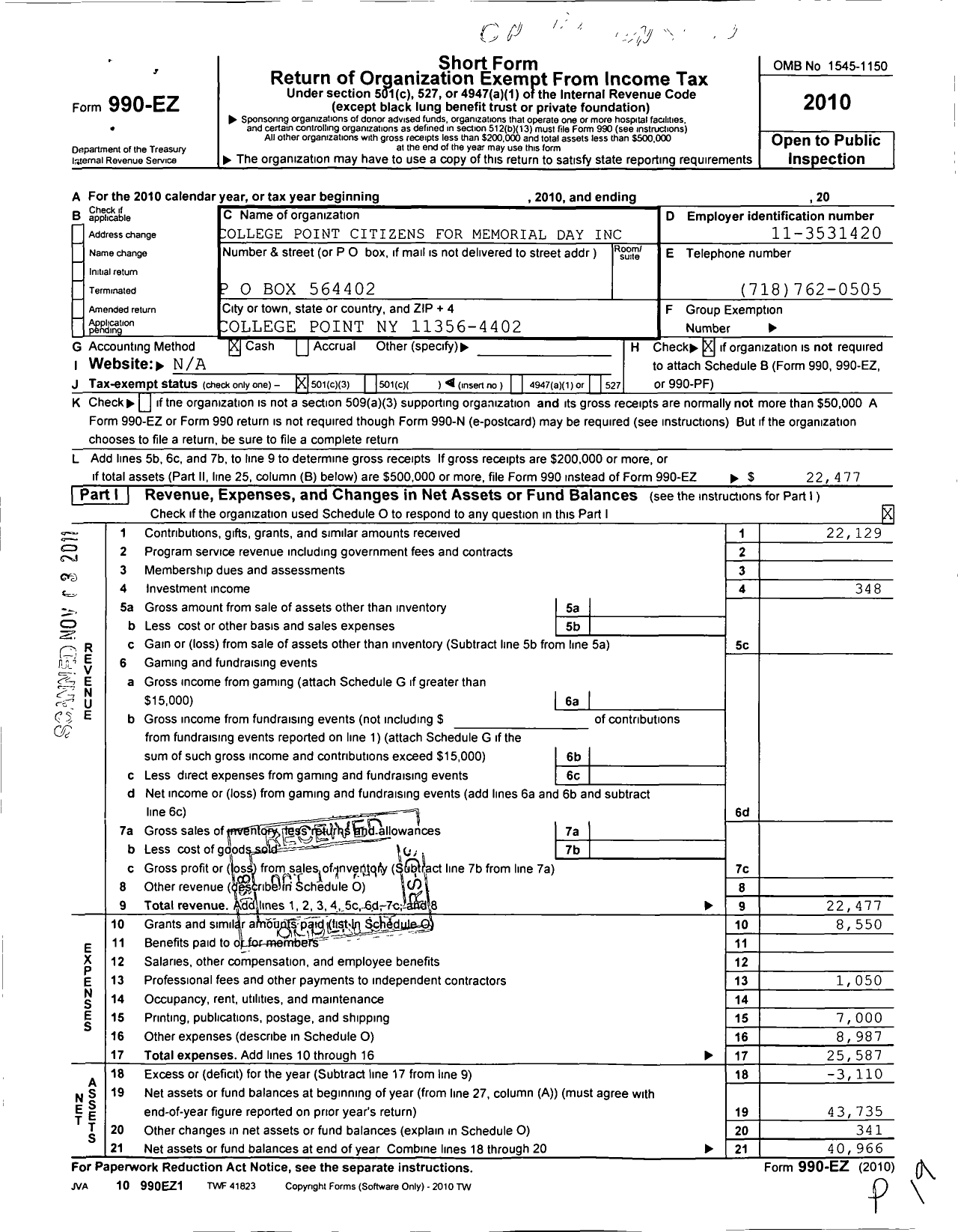 Image of first page of 2010 Form 990EZ for College Point Citizens For Memorial Day