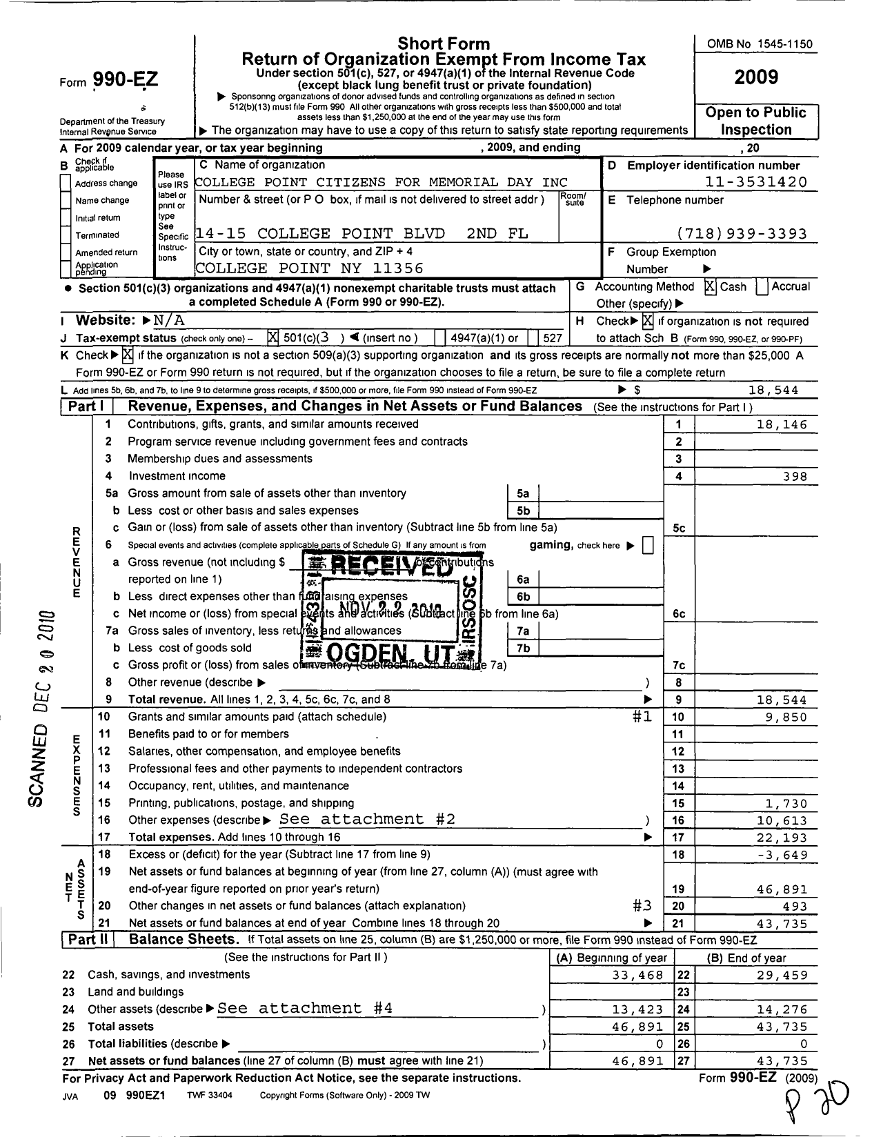 Image of first page of 2009 Form 990EZ for College Point Citizens For Memorial Day