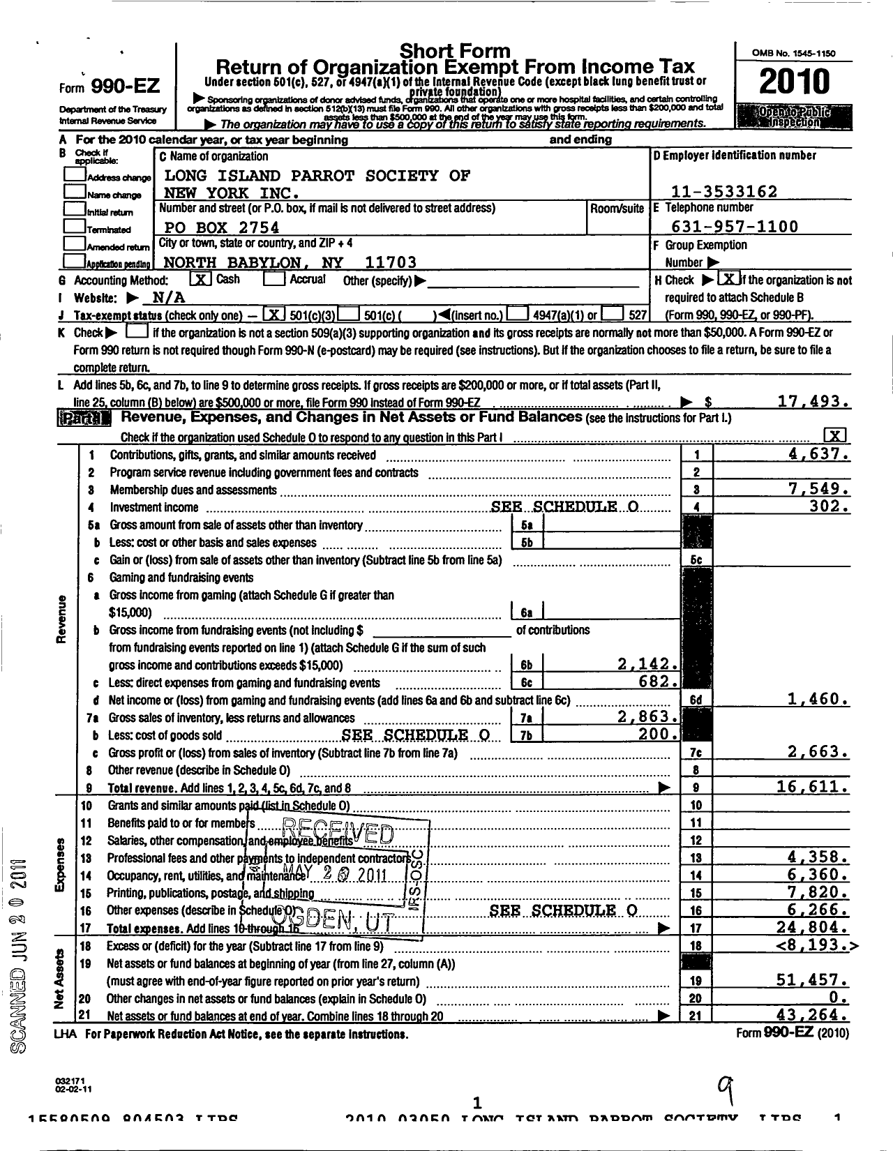 Image of first page of 2010 Form 990EZ for Long Island Parrot Society of New York