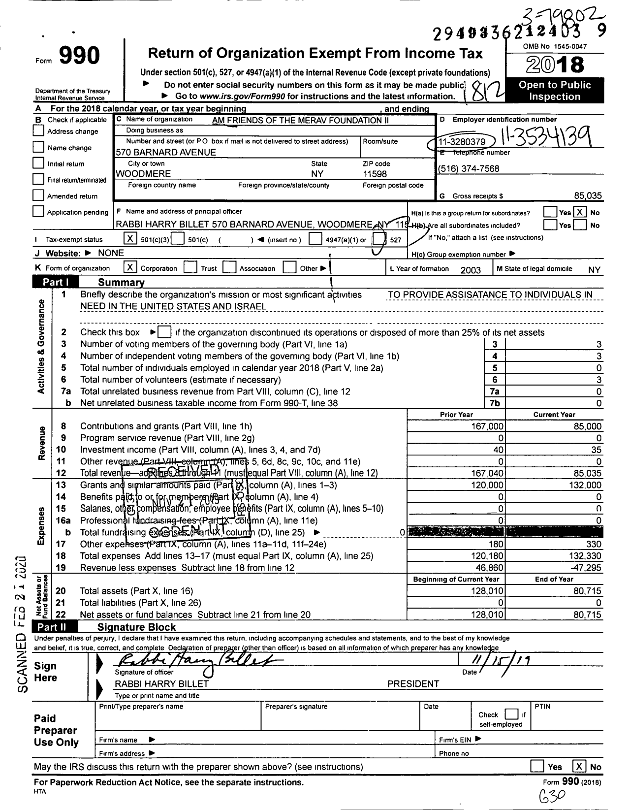 Image of first page of 2018 Form 990 for Am Friends of the Merav Foundation Ii