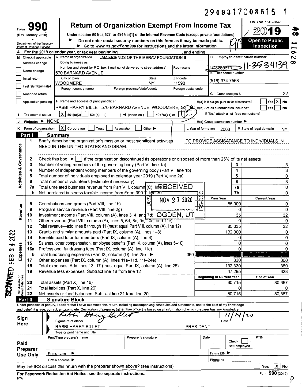 Image of first page of 2019 Form 990 for Am Friends of the Merav Foundation Ii