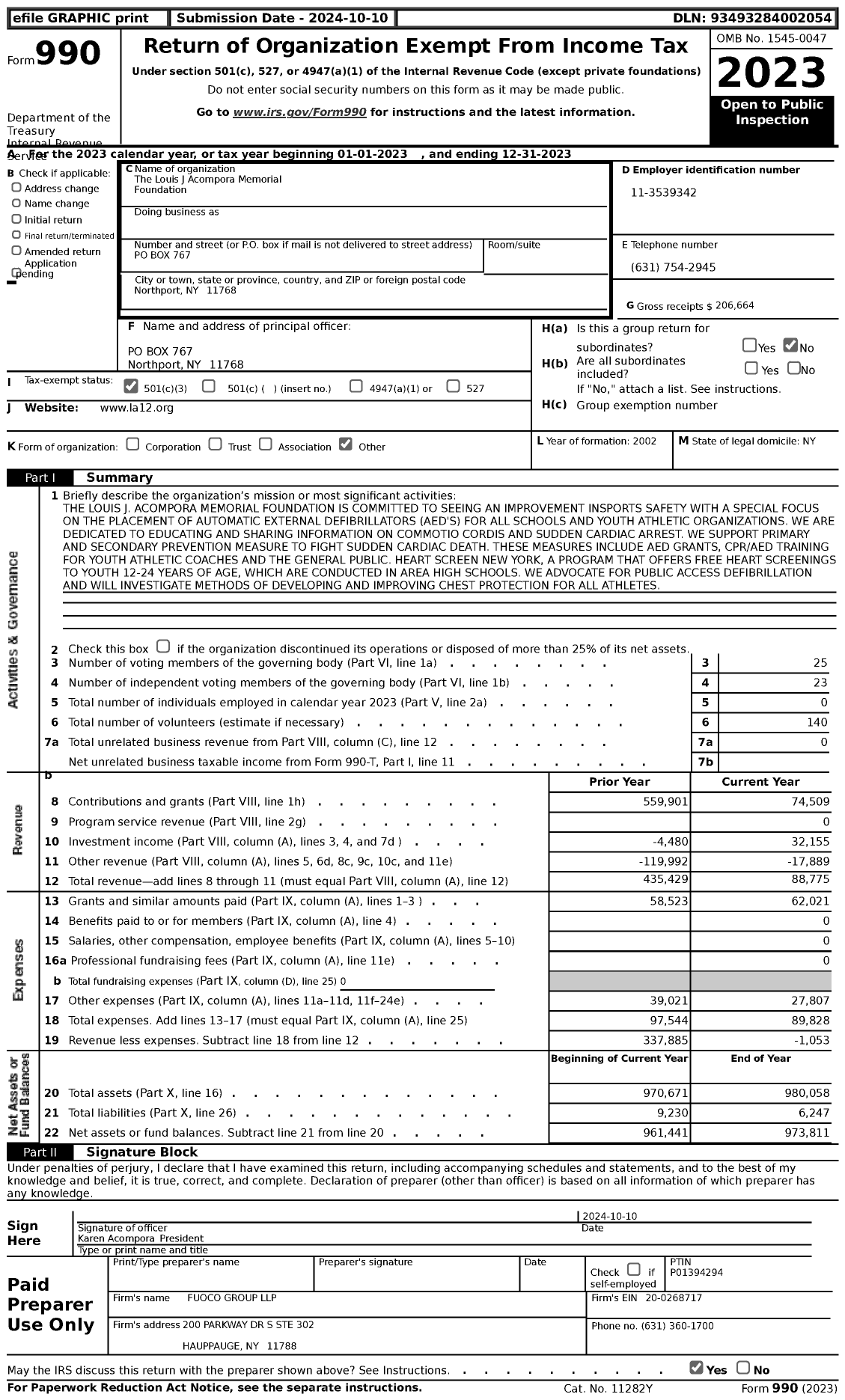 Image of first page of 2023 Form 990 for The Louis J Acompora Memorial Foundation