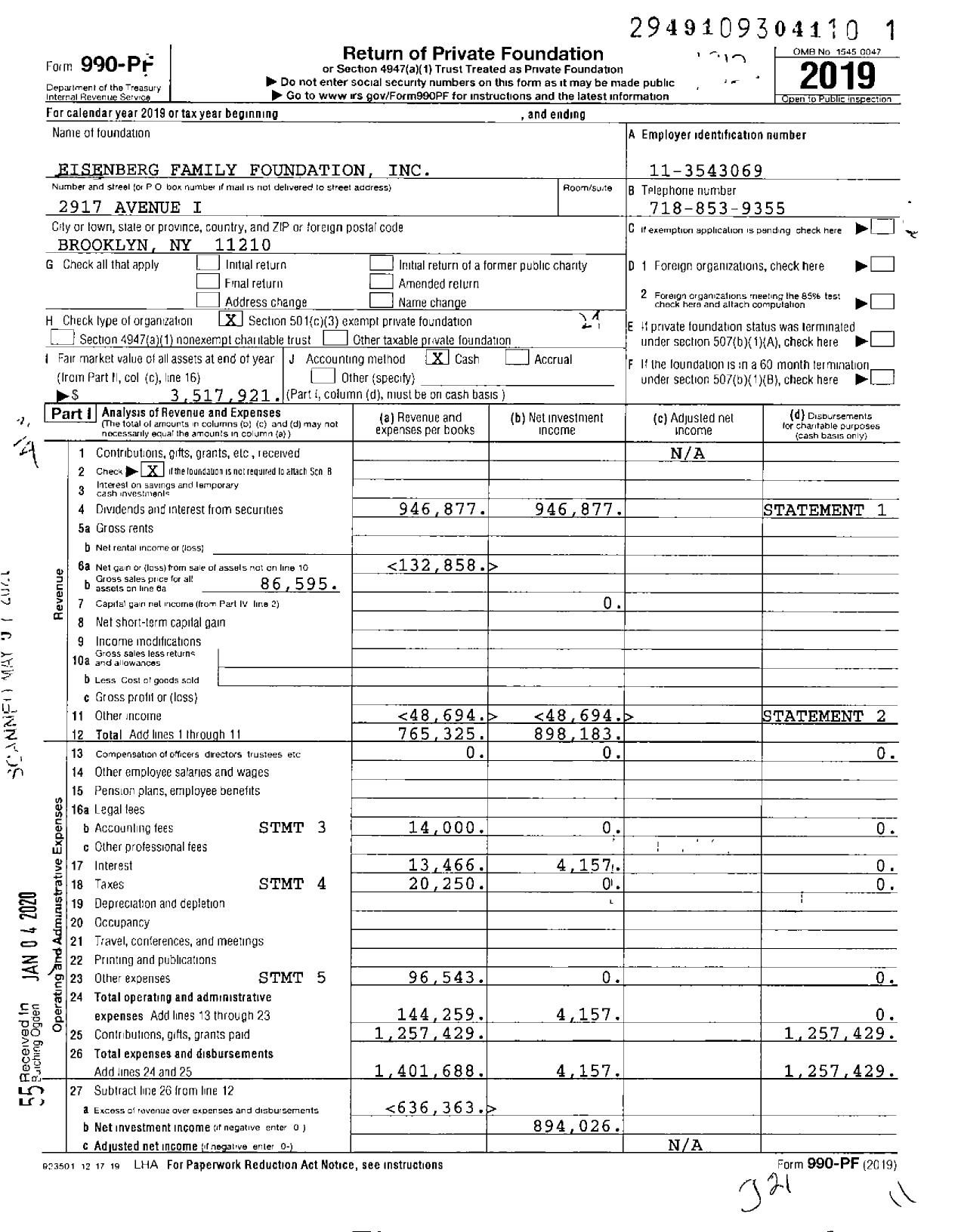 Image of first page of 2019 Form 990PF for Eisenberg Family Foundation