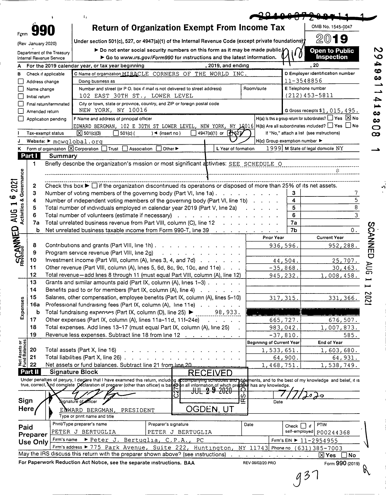 Image of first page of 2019 Form 990 for Miracle Corners of the World