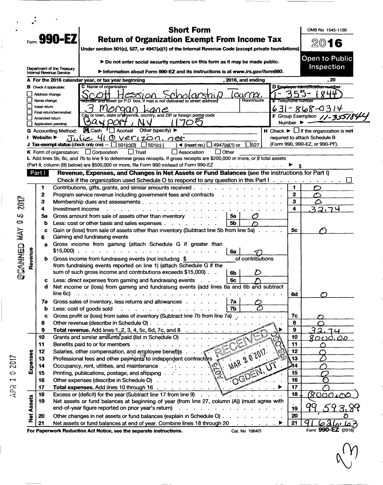 Image of first page of 2016 Form 990EO for Scott Hession Scholarship Golf Tournament