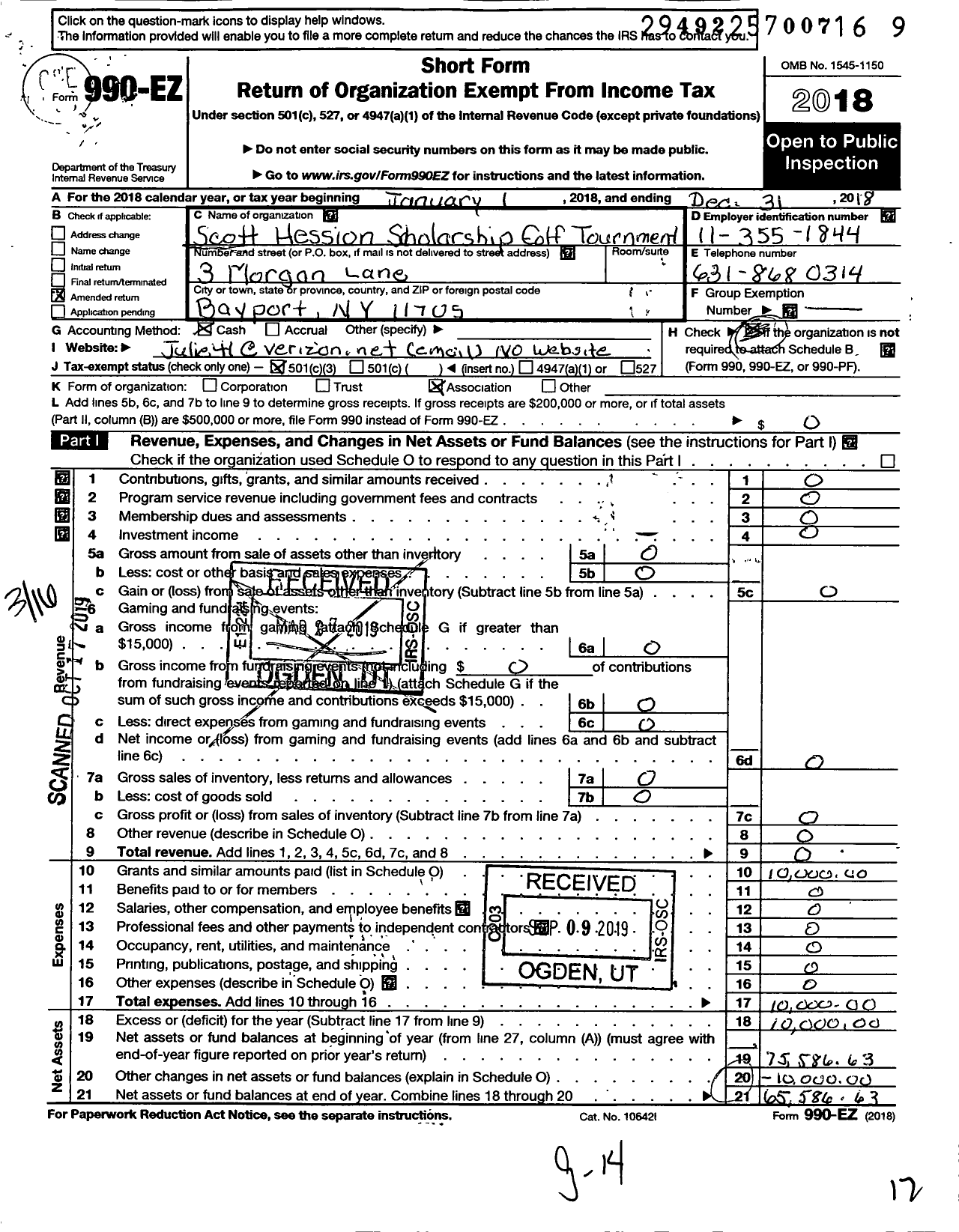 Image of first page of 2018 Form 990EZ for Scott Hession Scholarship Golf Tournament