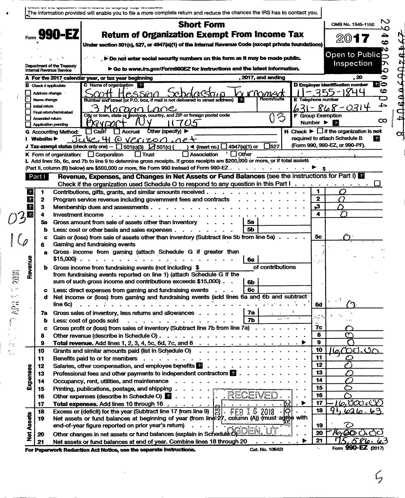 Image of first page of 2017 Form 990EZ for Scott Hession Scholarship Golf Tournament