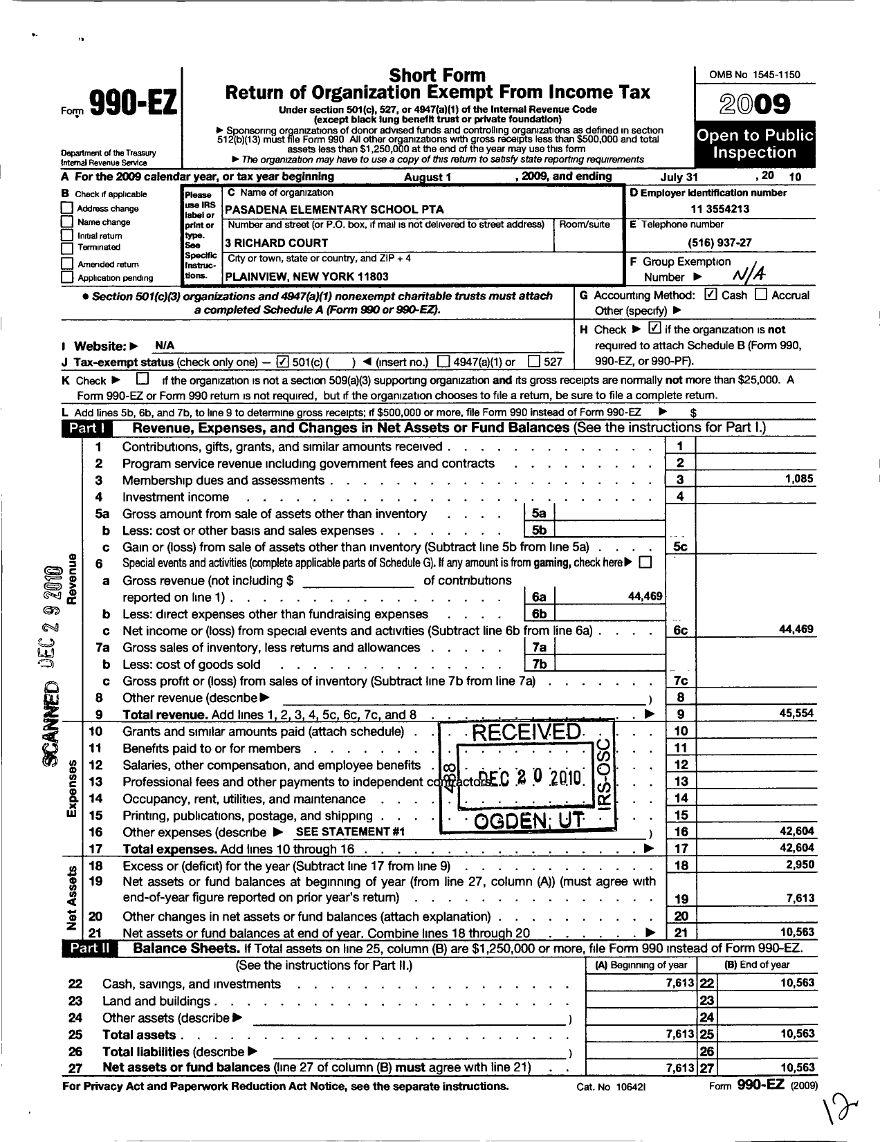 Image of first page of 2009 Form 990EO for New York State PTA - 10-546 Pasadena Elementary School