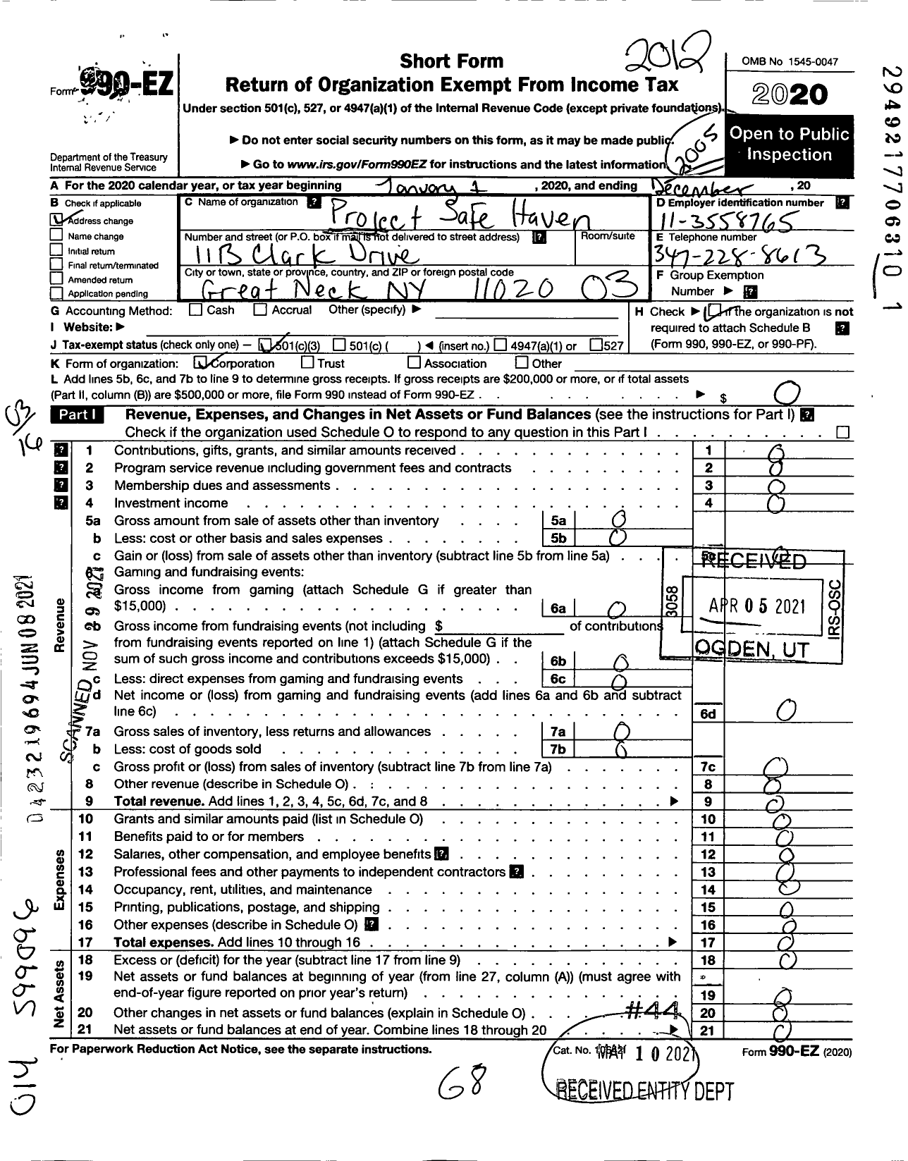 Image of first page of 2020 Form 990EZ for Project Safe Haven