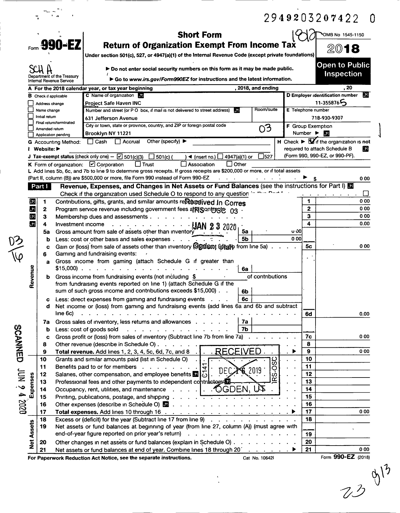 Image of first page of 2018 Form 990EZ for Project Safe Haven